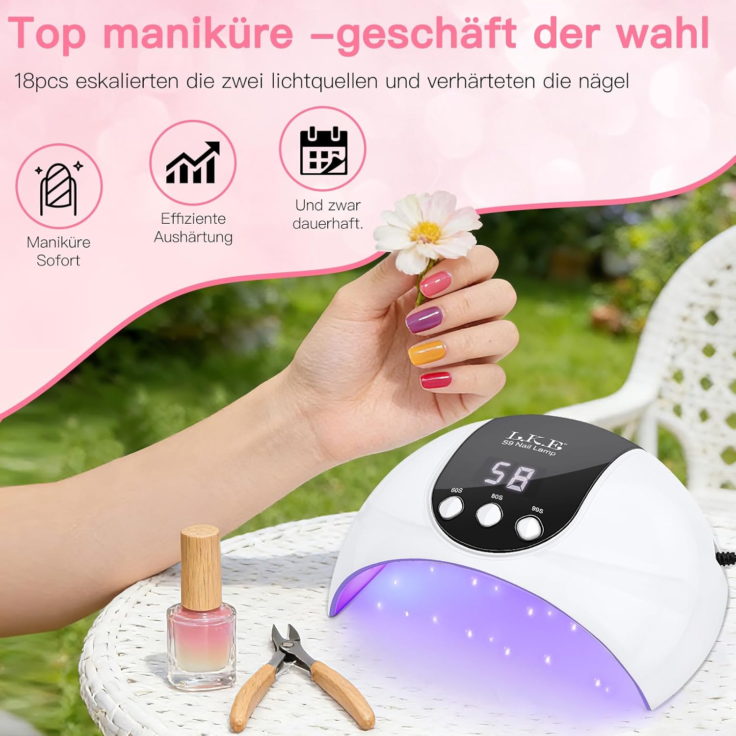 Detalle de UV LED Nagellampe 54W mit automatischem Sensor, LCD-Display und USB-Betrieb – ideal für Heim & Nagelstudio