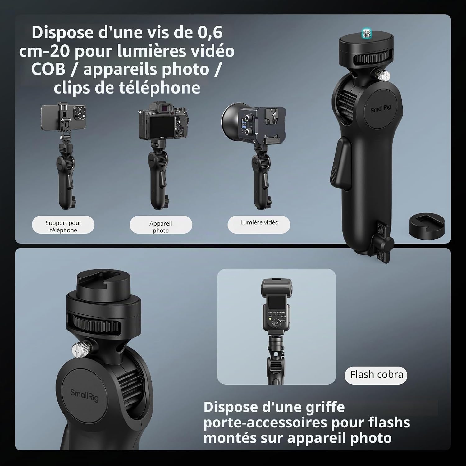 Detalle de SMALLRIG Adaptateur de lampe à dégagement rapide — capable jusqu'à 3 kg, rotation 360° et inclinaison 180°