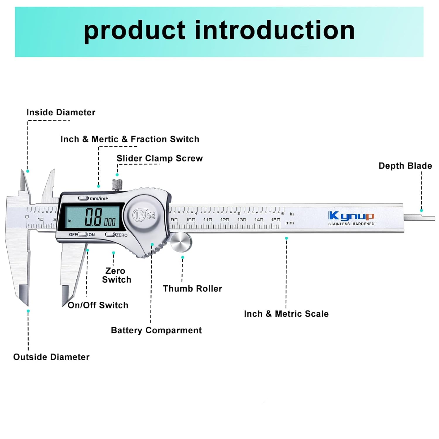 Thumbnail 4 de Kynup Digital Caliper (6 Inch) with Large LCD, IP54 Splash Proof, Inch/Metric Fraction Switch
