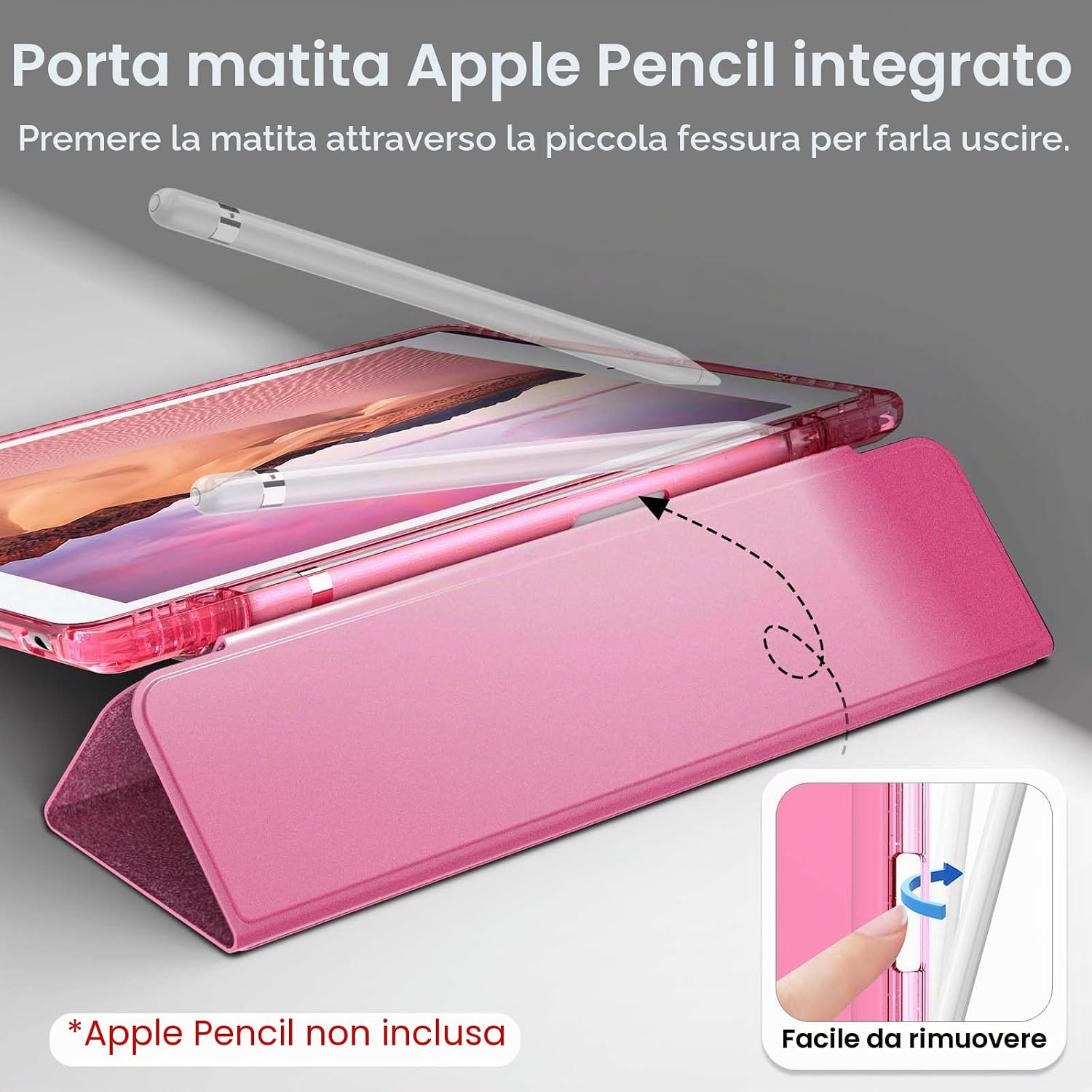 Detalle 2 de FINTIE Cover 10,2" per iPad 9/8/7 Gen (2021/2020/2019) con Portapenne, retro glitter trasparente, sleep/wake automatico - Magenta