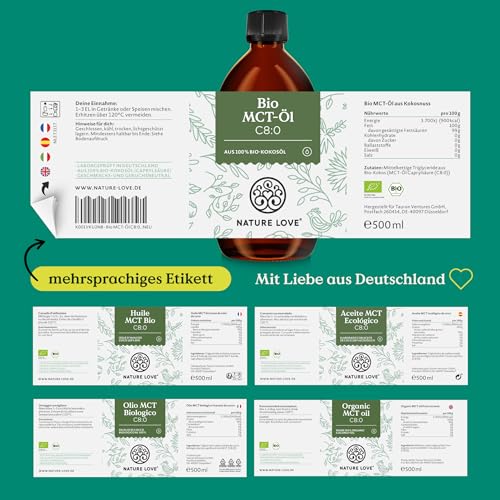 Detalle de NATURE LOVE® Bio MCT-Öl C8 – 500 ml für deine Keto-Diät