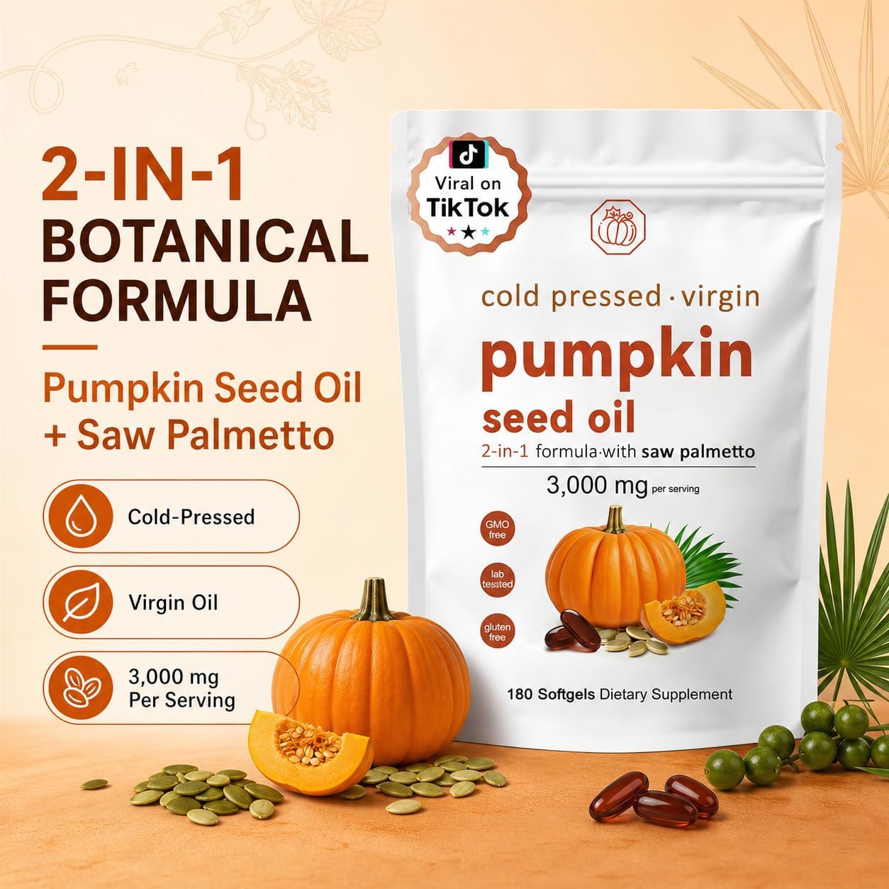 Detalle de Generic Pumpkin Seed Oil Softgels with Saw Palmetto, 3,000 mg, 180 Count