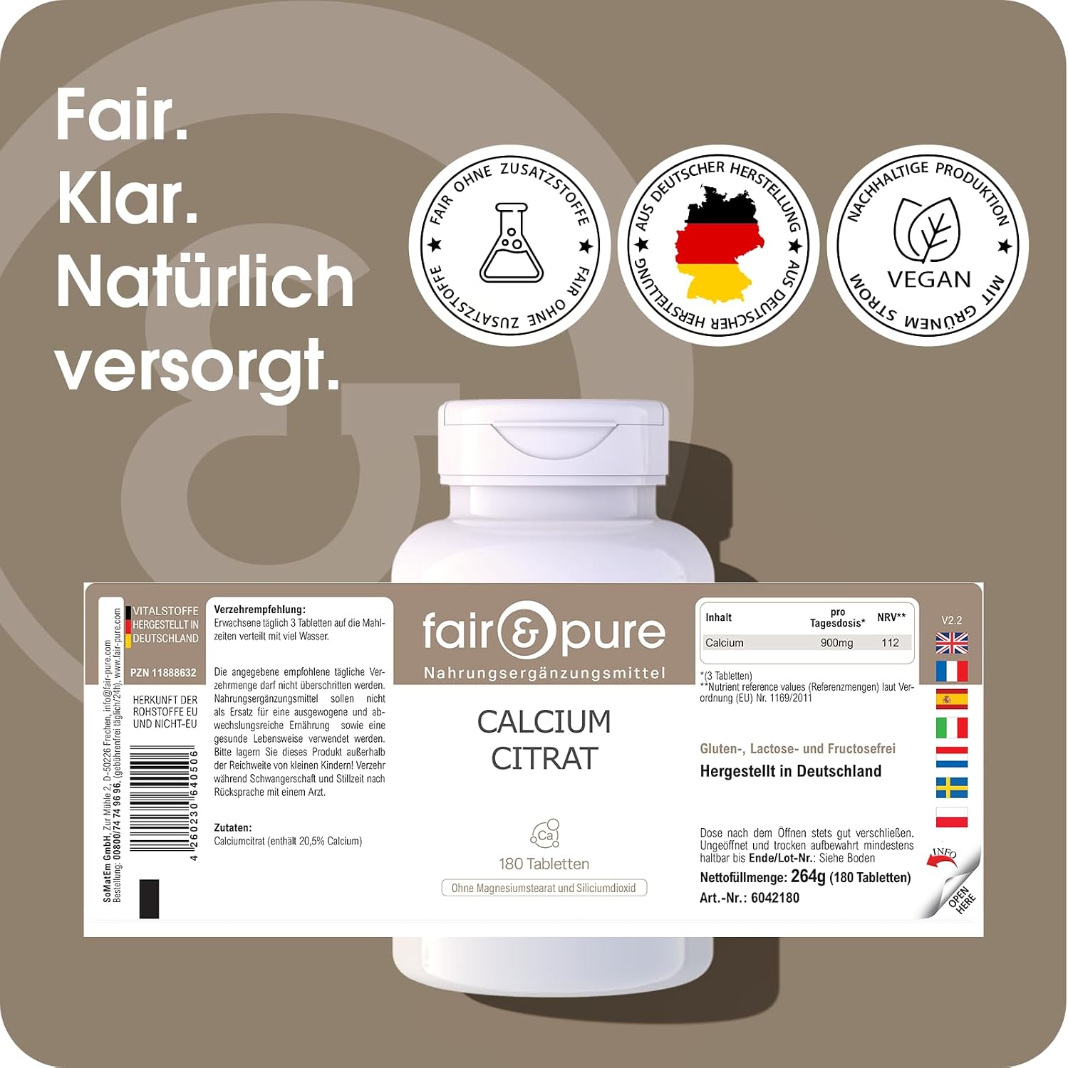 Detalle 2 de Fair & Pure Calciumcitrat 300 mg Calcium pro Tablette – Vegan, hergestellt in Deutschland