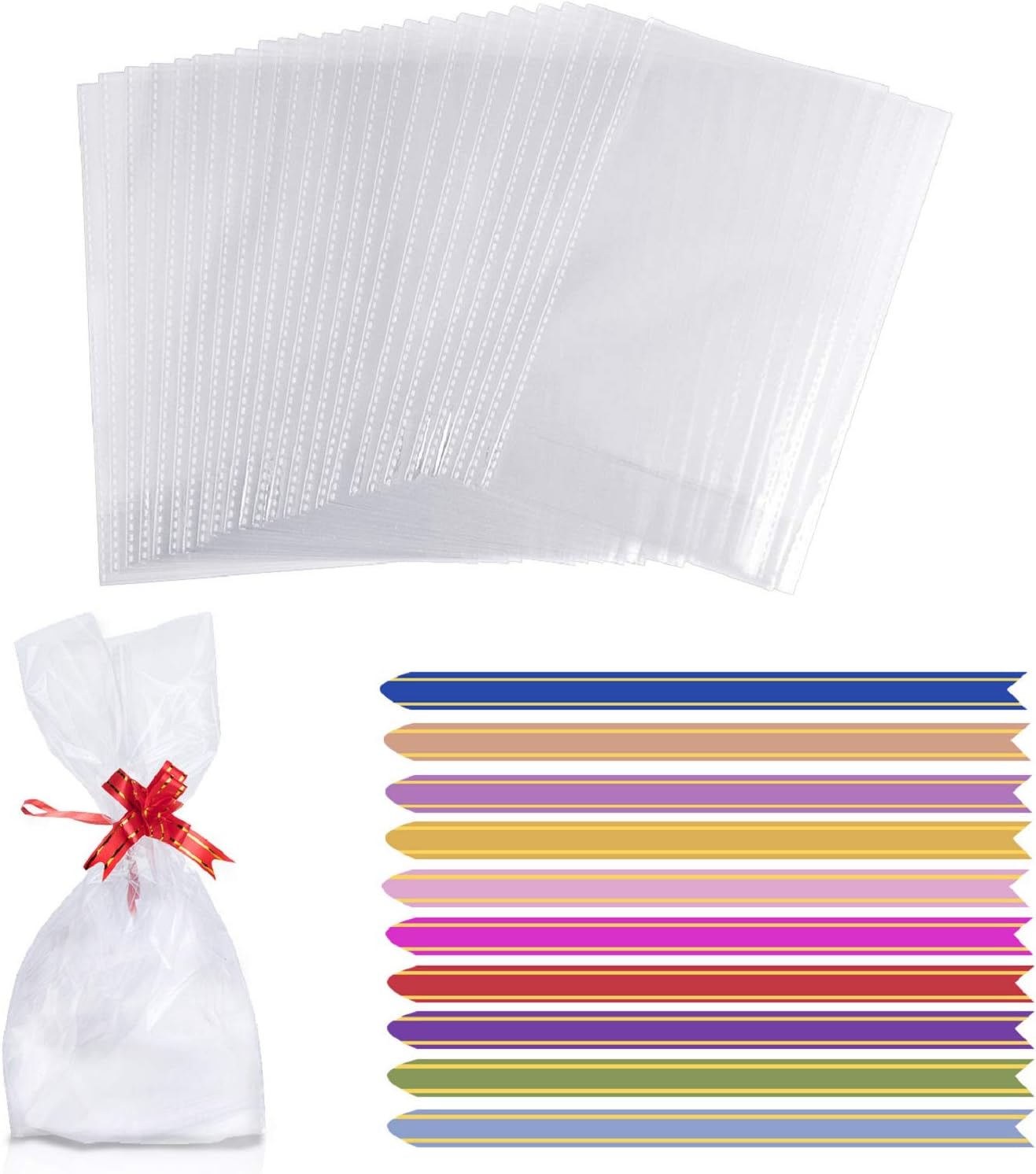 AUERVO 100 clear cellophane treat bags (6" x 10") with colourful pull bows