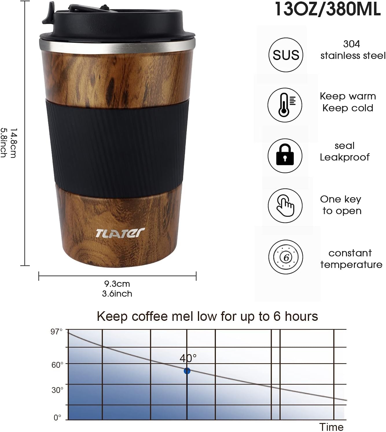 Thumbnail 4 de Tlater Kaffeebecher to Go – 380 ml Doppelwandiger Edelstahl-Thermobecher mit Deckel