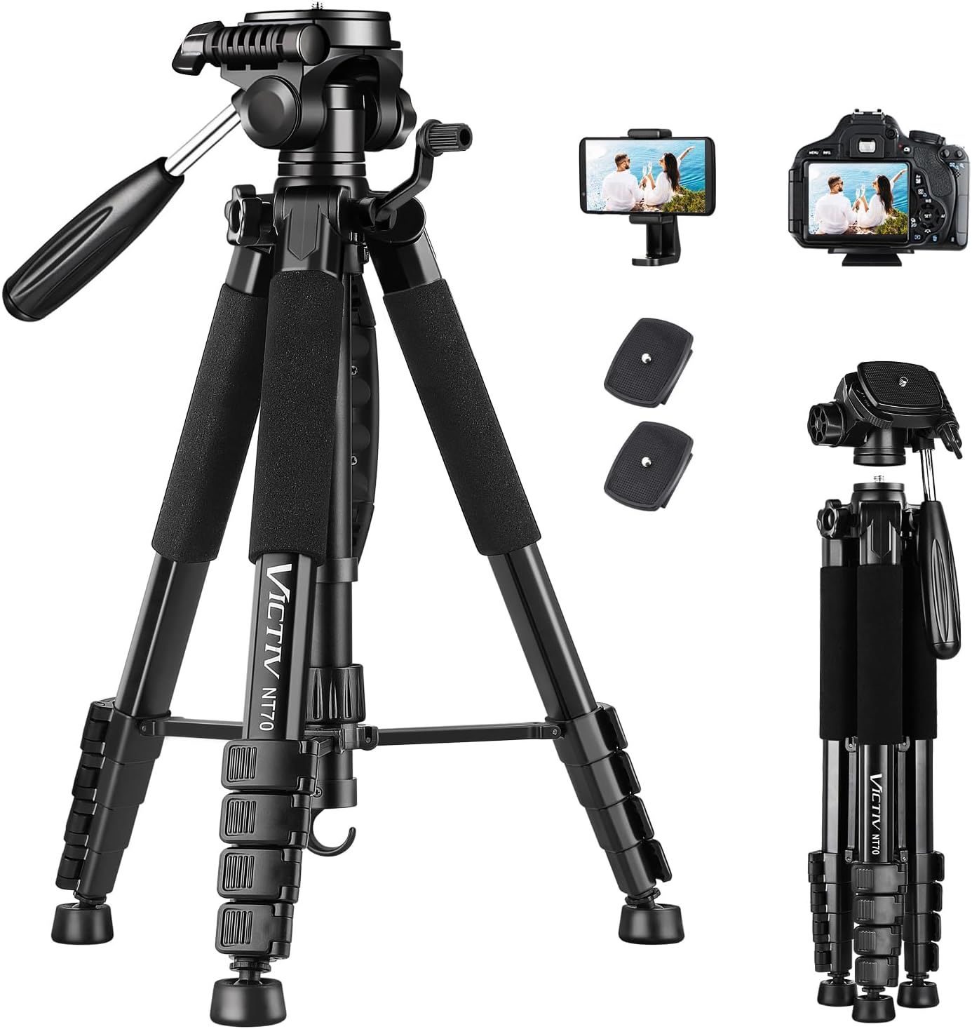 Detalle de VICTIV 74” Camera Tripod with Phone Holder: Versatile Tall & Compact Stand
