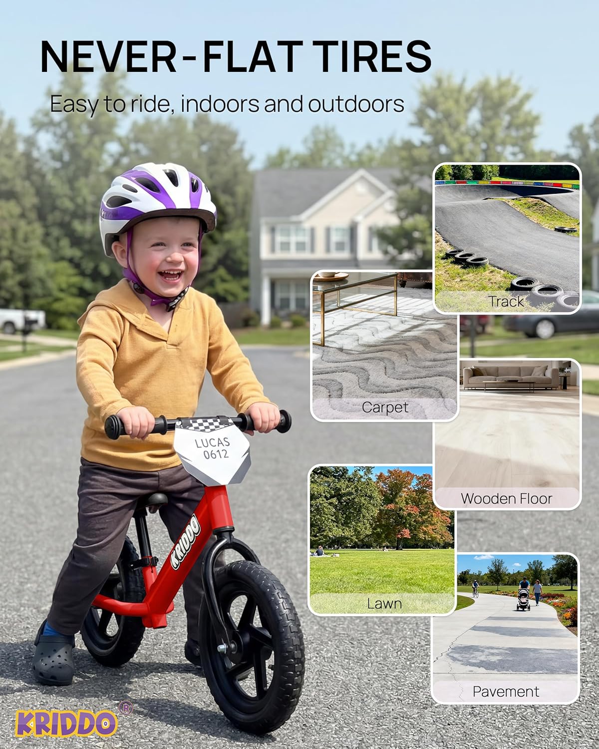 Thumbnail 5 de KRIDDO 12-inch Balance Bike for Kids (Ages 18 Months–5 Years) with Customizable Plate & Stickers, Red