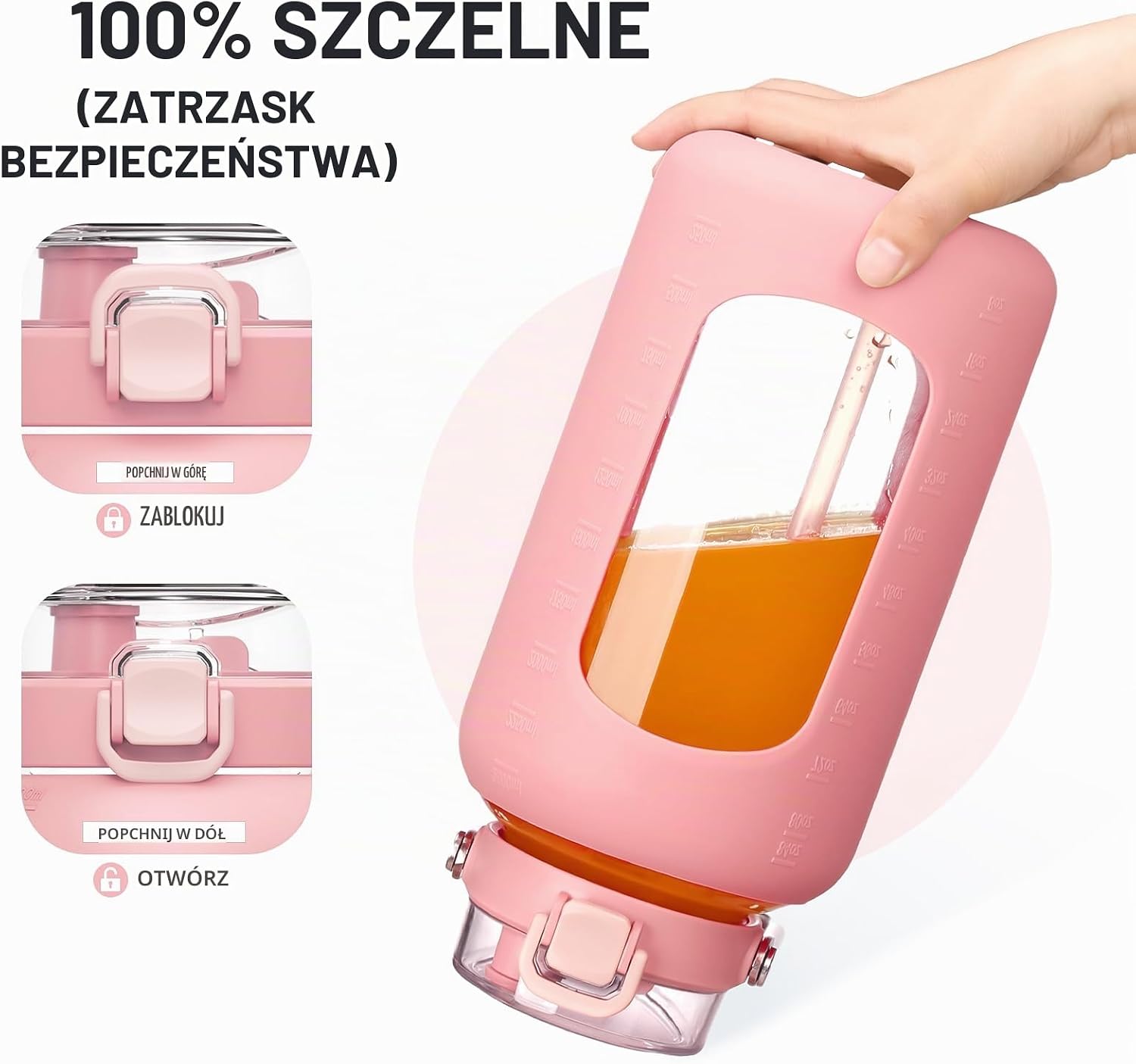 Detalle de BLUEGO B-84oz-Pink – szklana butelka 2500 ml z uchwytem i znacznikami czasu