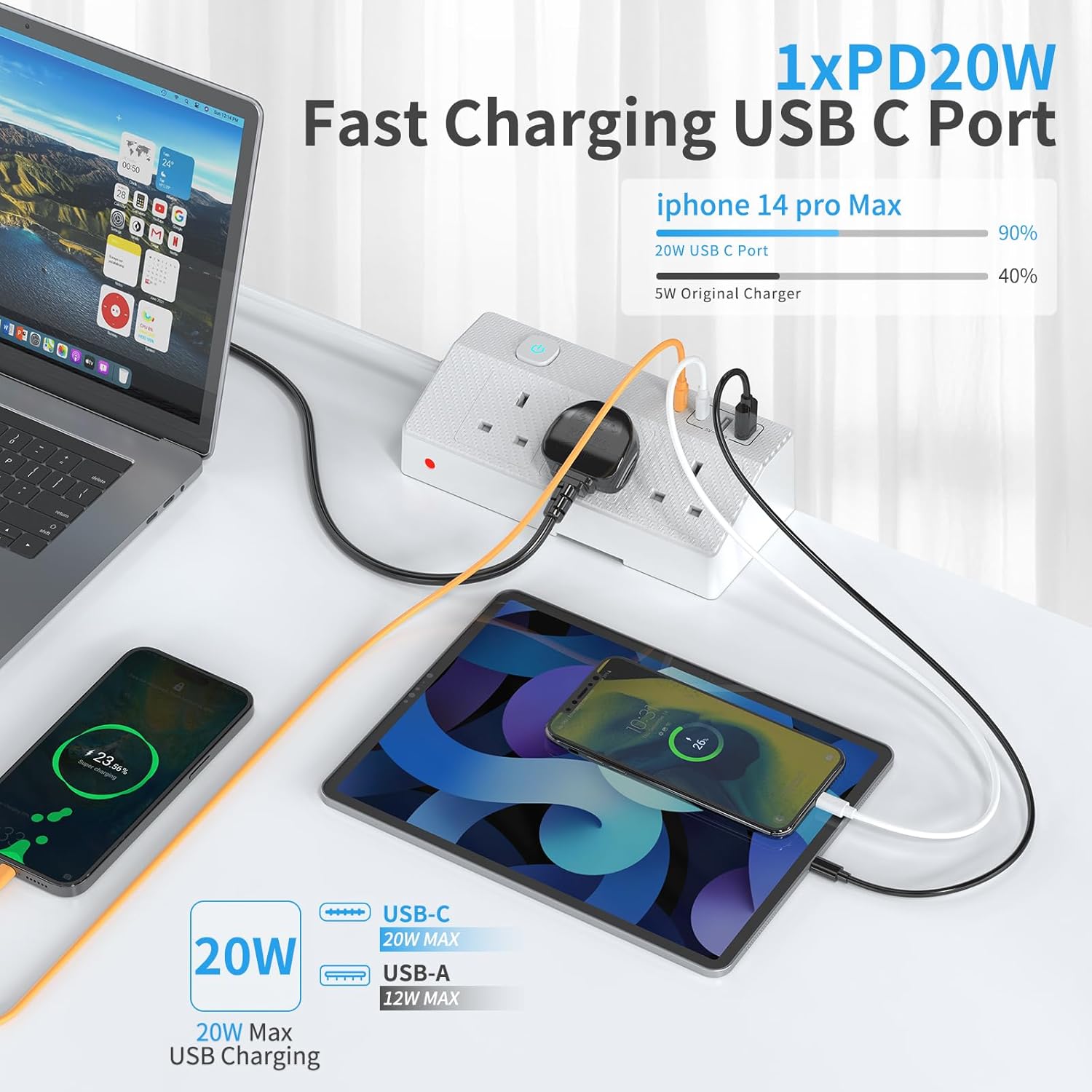 Thumbnail 1 de HAFINO PD 20W Desk Power Socket with USB-C slots and USB-A ports (7-in-1), 2m extension lead with clamp, White