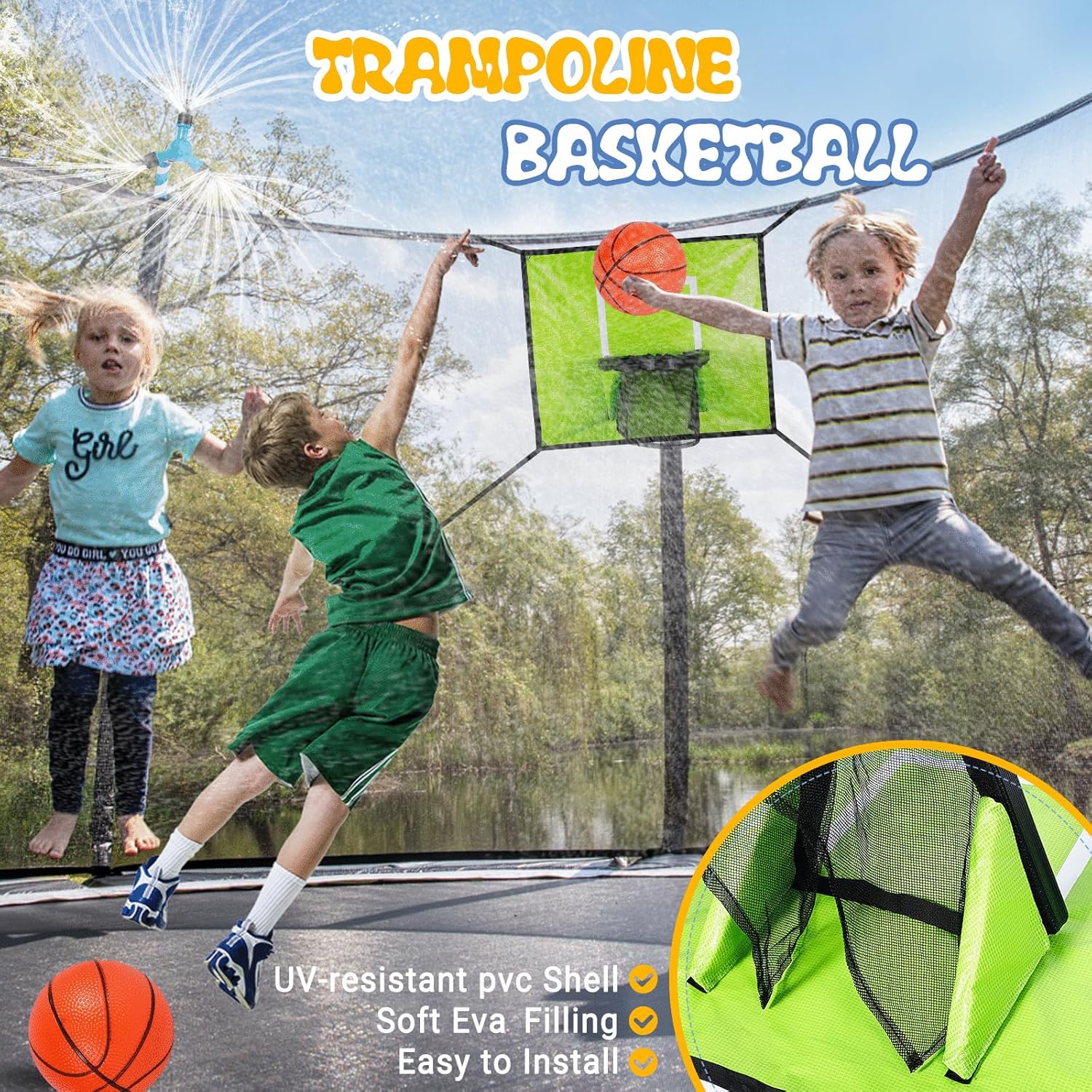 Detalle de Kids Trampoline Accessories Kit: Basketball Hoop, Mini Balls, Solar Lights & 8-Mode Outdoor Lighting