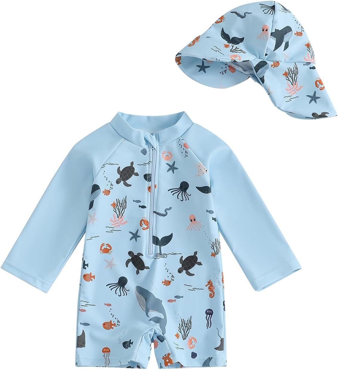 Thumbnail 1 de JiAmy Baby Boys Swimming Costume with Sun Hat Long Sleeve Zip Up Rash Guard