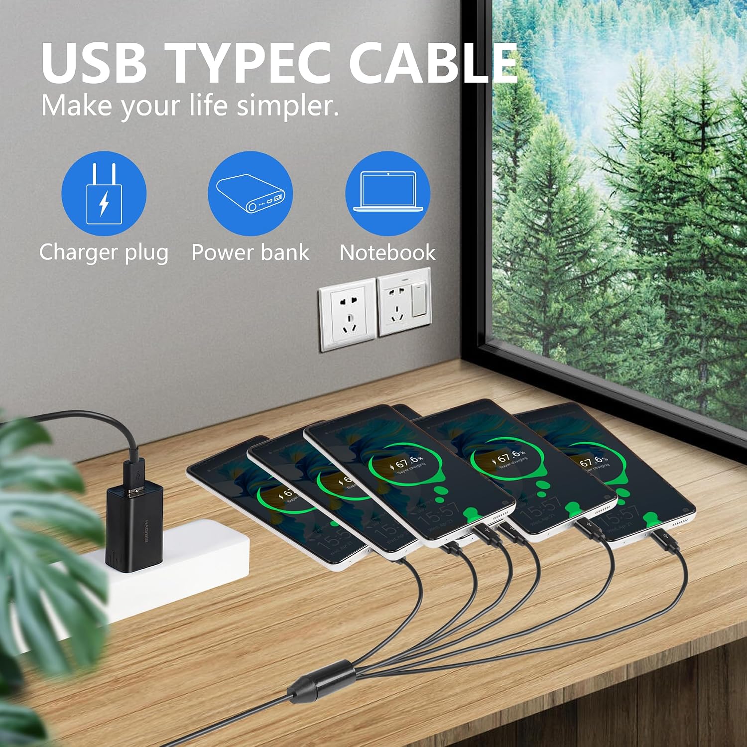Detalle de CERRXIAN 5FT USB-C 1-to-6 Splitter Cable (USB 2.0) with 1 data port for keyboards, mice & USB-C charging