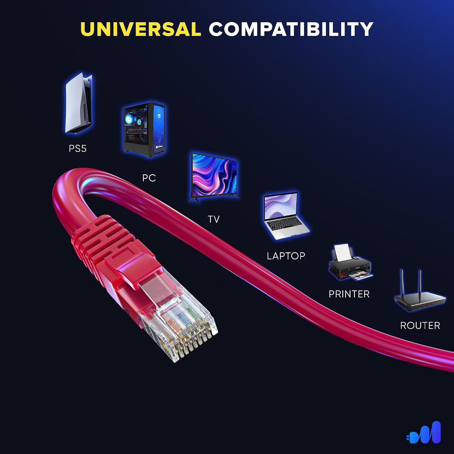 Detalle de Maximm Cat6 Ethernet Cable, 20 Ft 12-Pack, 10 Gbps, 550 MHz, Red