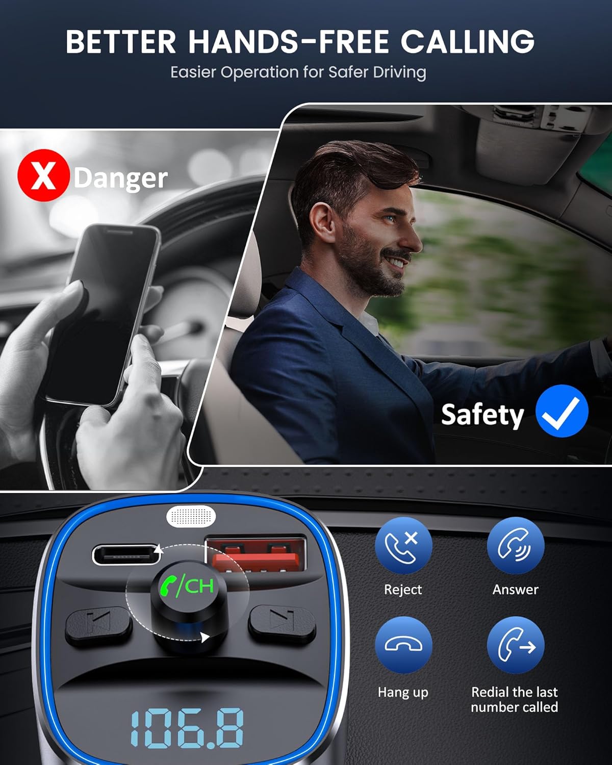 Thumbnail 5 de LENCENT Transmisor FM Bluetooth 5.4 coche 48W PD 30W & 18W Luz 7 colores