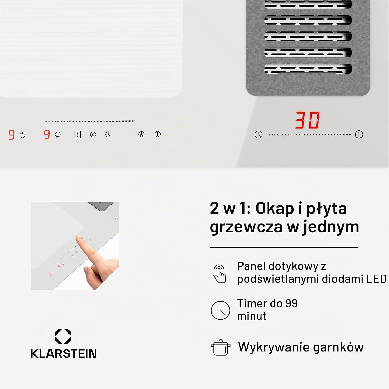 Detalle 2 de Klarstein 4060656520709 – płyta indukcyjna 2 w 1 z okapem, 77 cm, 6000 W