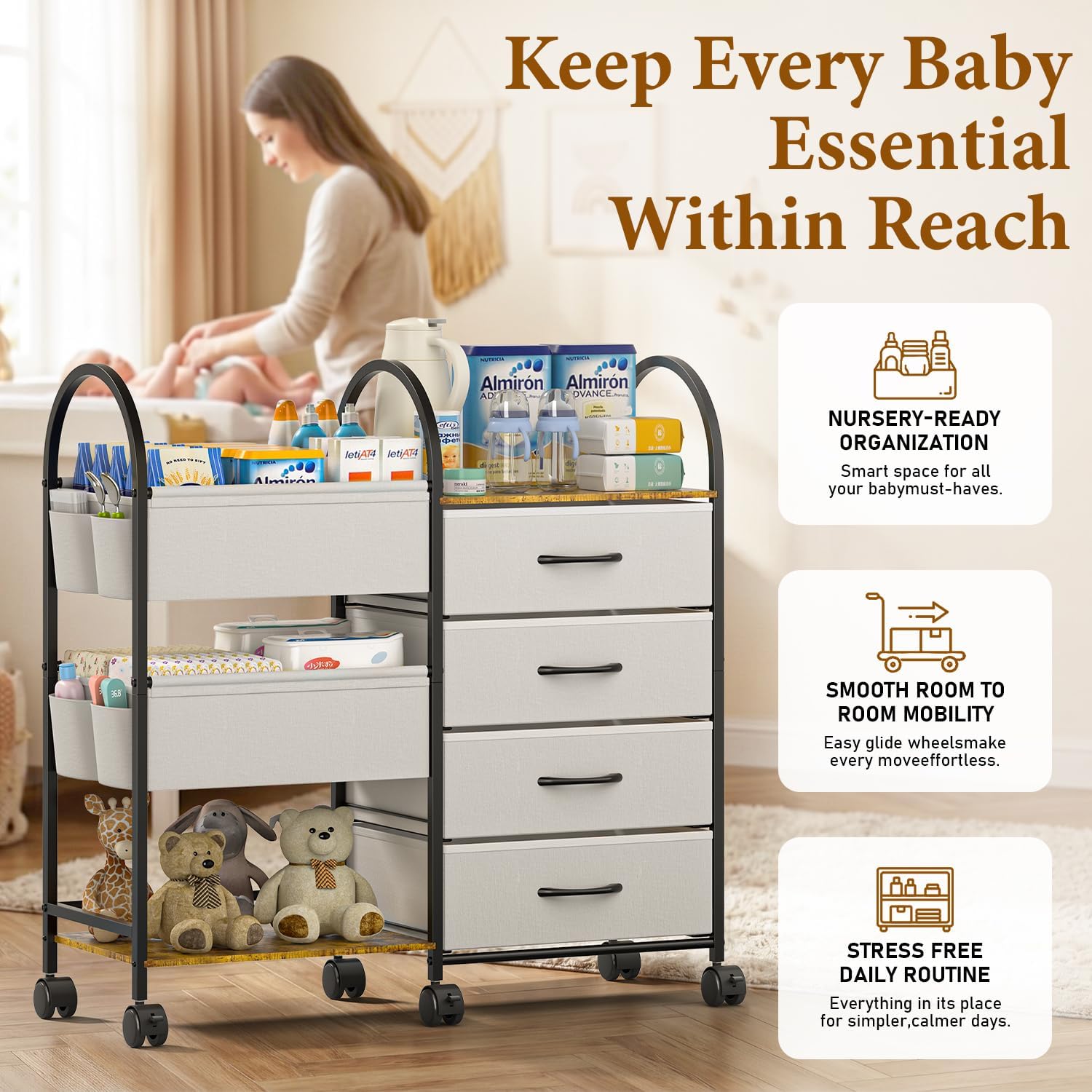 Detalle de Nylaira WJ-NBC 4-Tier Baby Diaper Caddy Cart with Drawers and Locking Wheels