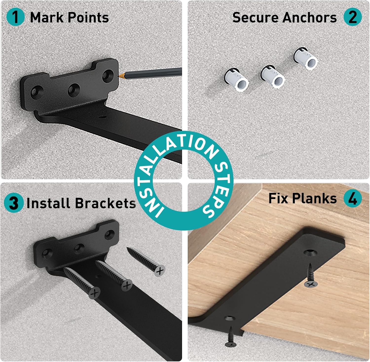 Detalle de Yeabett 6-Pack 30cm Right Angle Floating Shelf Brackets – Black, 70kg Load