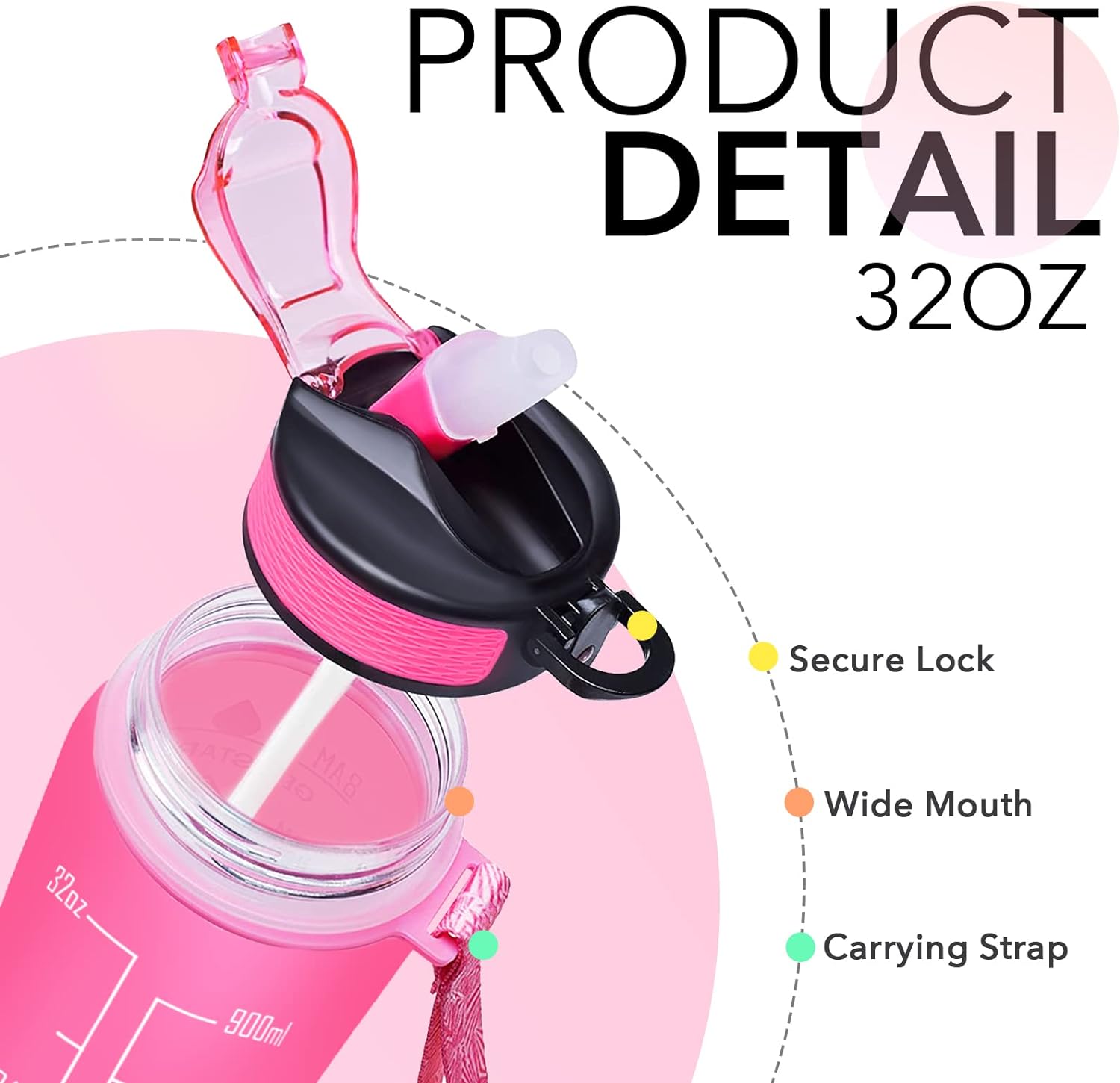 Thumbnail 3 de Hyeta 32oz Water Bottle with Straw, Time Marker & Leakproof Lid
