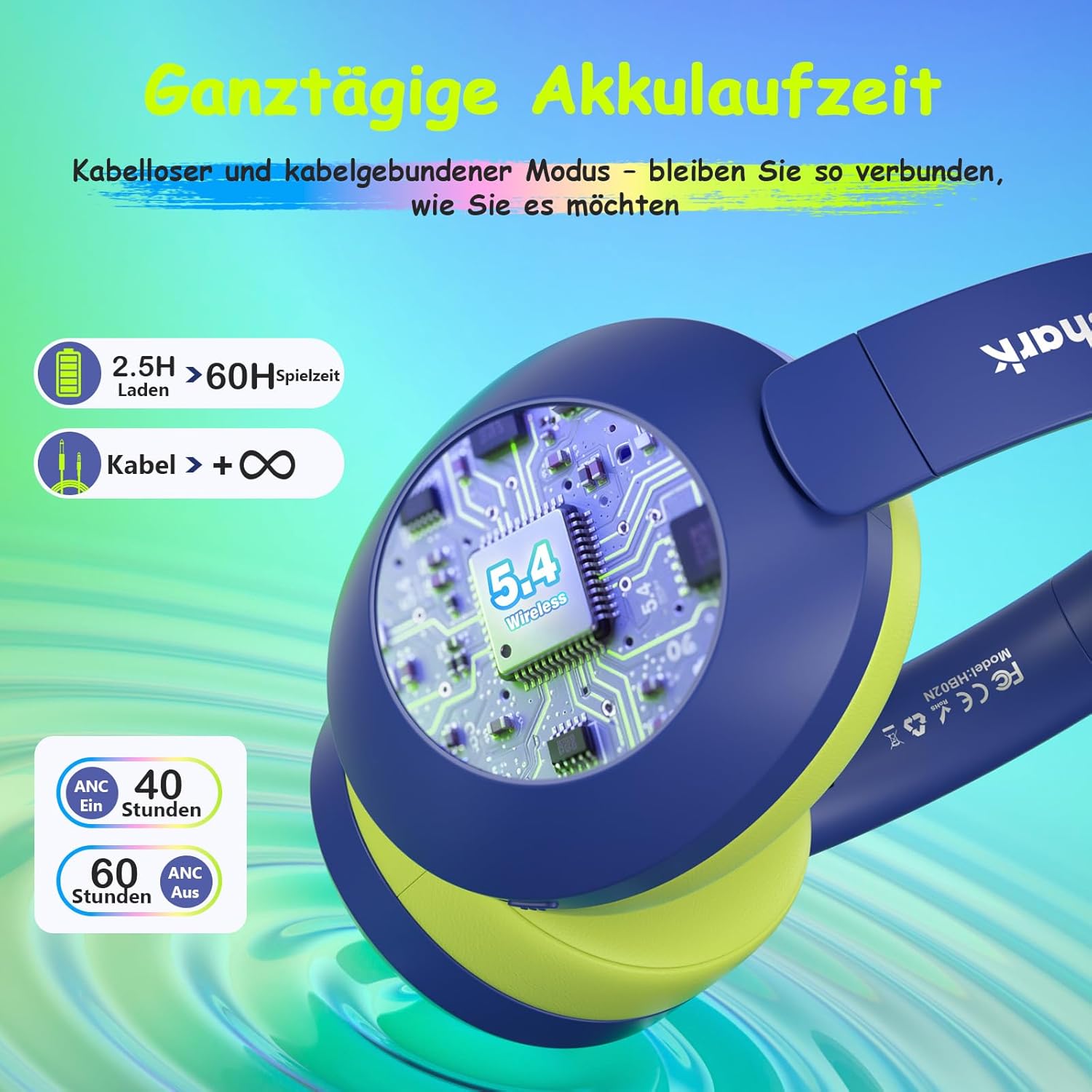 Detalle de TONOSHARK Noise Cancelling Kopfhörer für Kinder – Bluetooth, RGB LED, 60h Akku, Blau