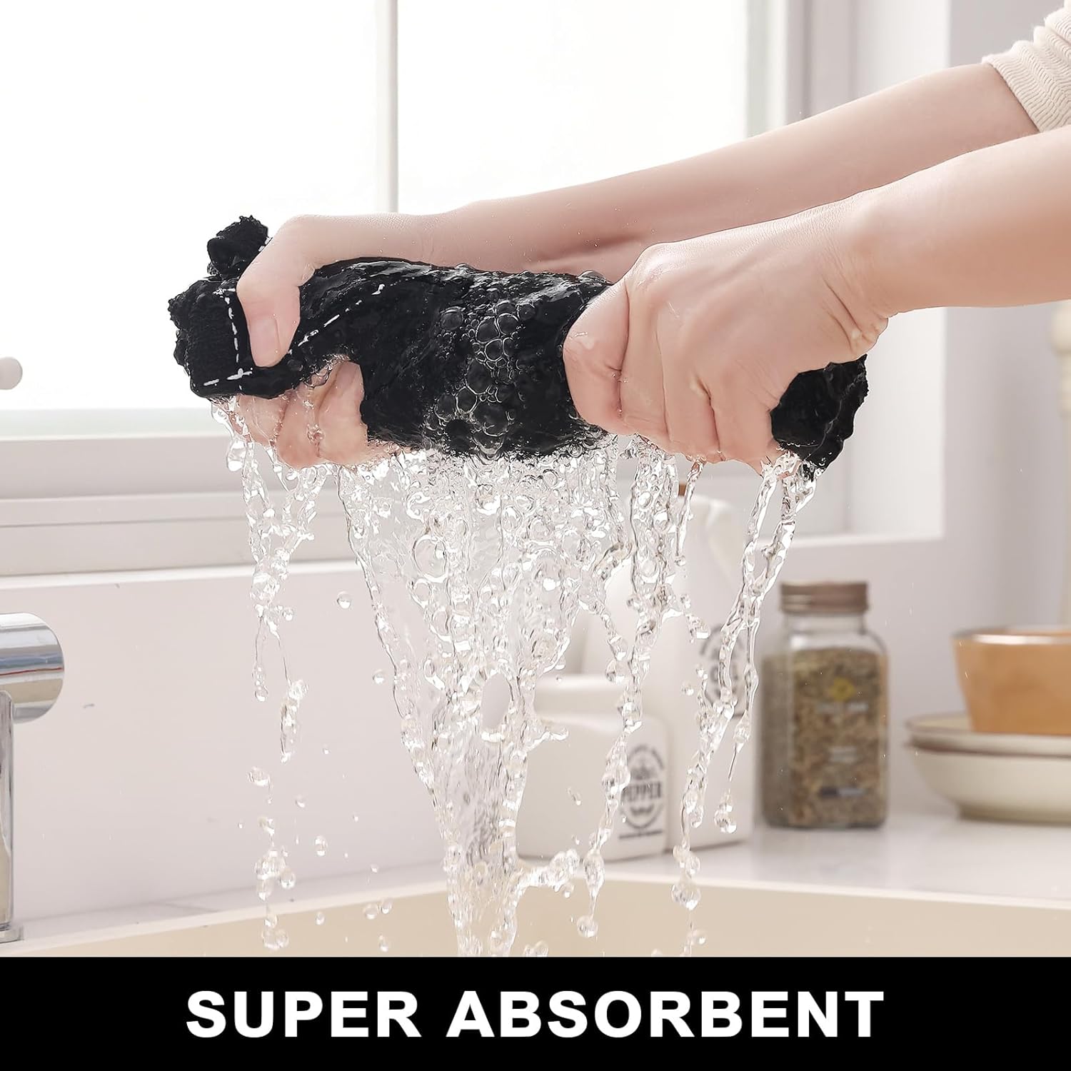 Detalle de Homaxy Kitchen Towels and Dishcloths Set (8-Piece) — 100% Cotton Terry Towels, Checkered Design, Black