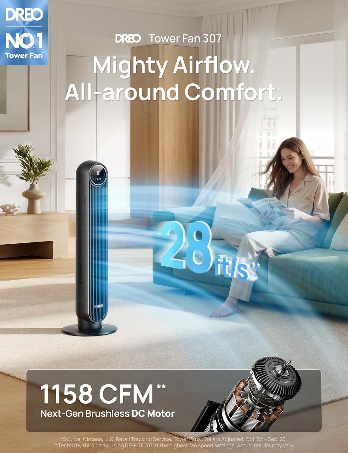 Detalle 2 de Dreo Tower Fan 25ft/s Quiet Floor Fan