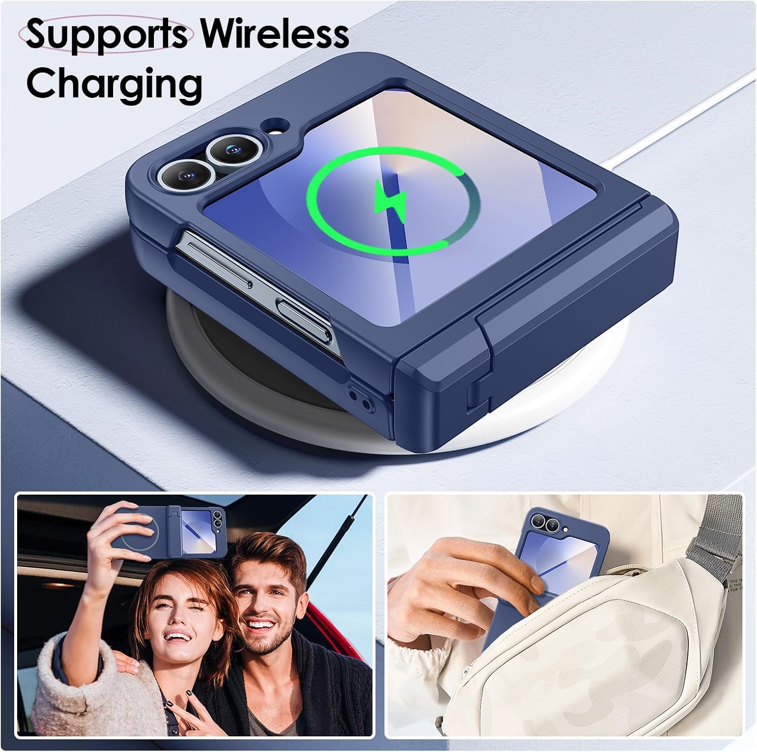 Detalle 2 de Hweggo Case for Galaxy Z Flip 6 / 7FE: Magnetic Charging, Hinge Protection and Built-in Screen Protector (Blue)