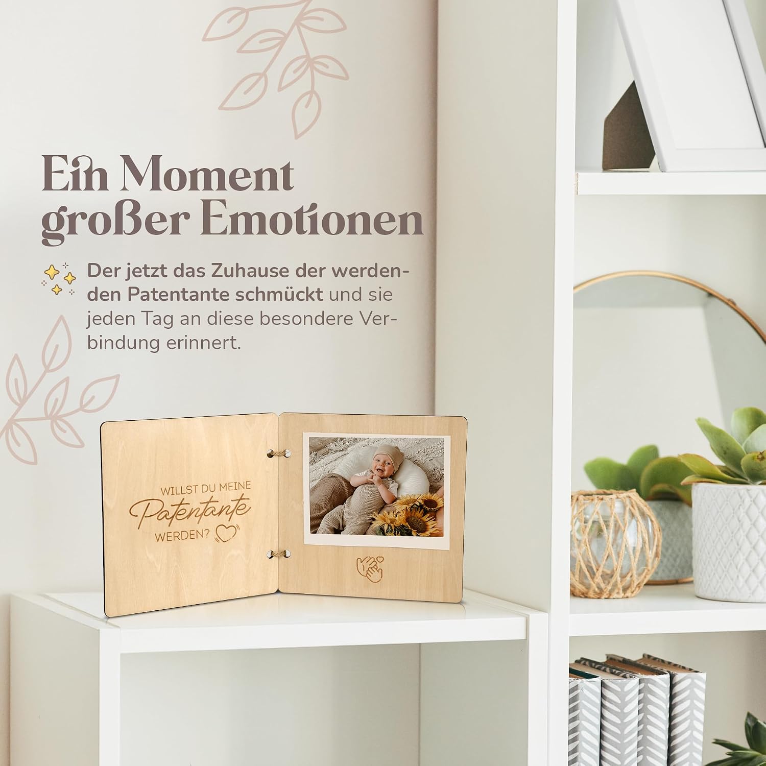 Detalle de Patenonkel fragen Holzbuch mit Umschlag & Siegel – Hochwertiges Geschenk für die werdende Patentante