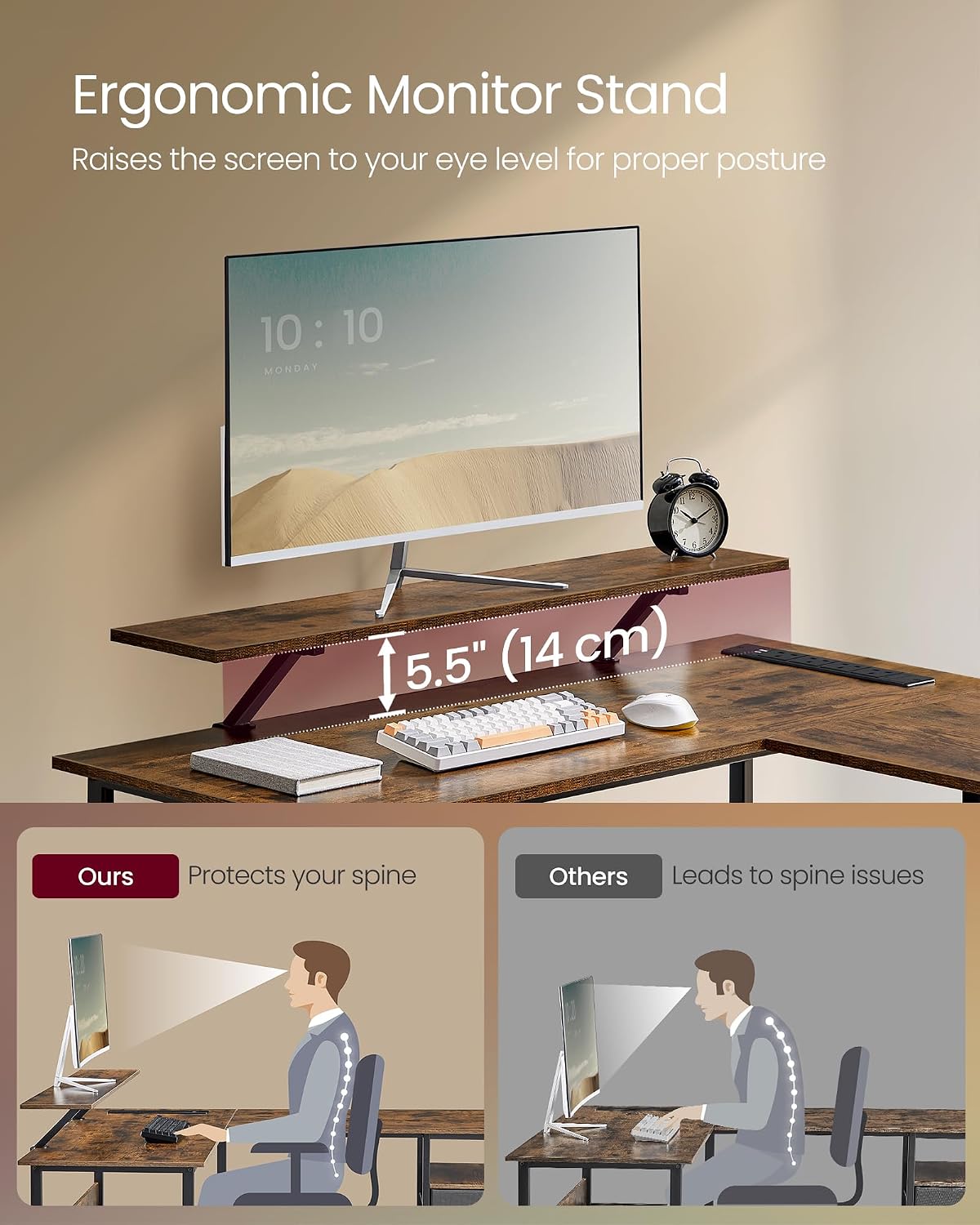 Thumbnail 5 de VASAGLE Rustic Brown L-Shaped Computer Desk with Monitor Shelf, LED Lights, 2 Drawers, 2 USB Ports