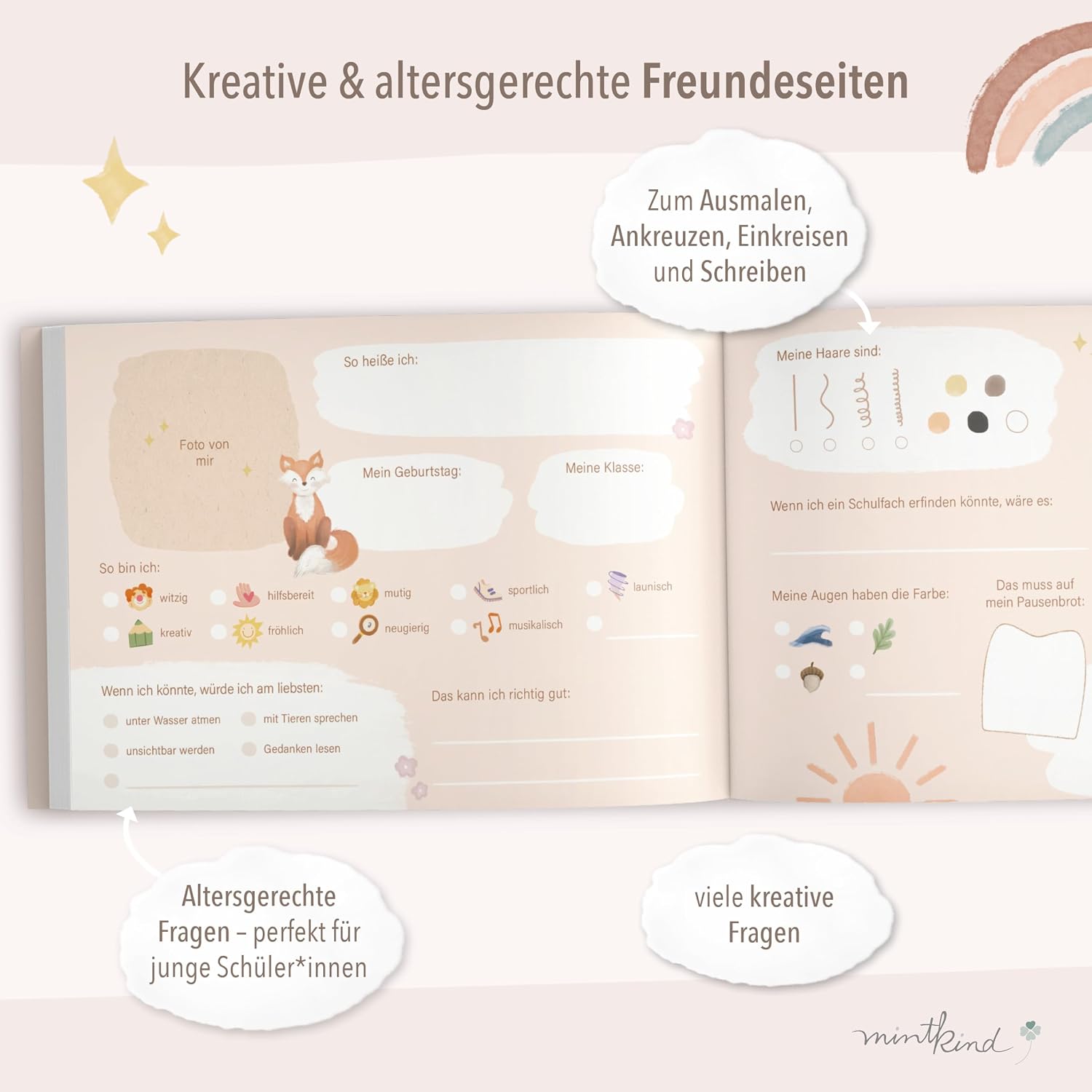 Detalle de Freundebuch Grundschule mintkind – Boho Fuchs, Hardcover (DIN A5, 80 Seiten)