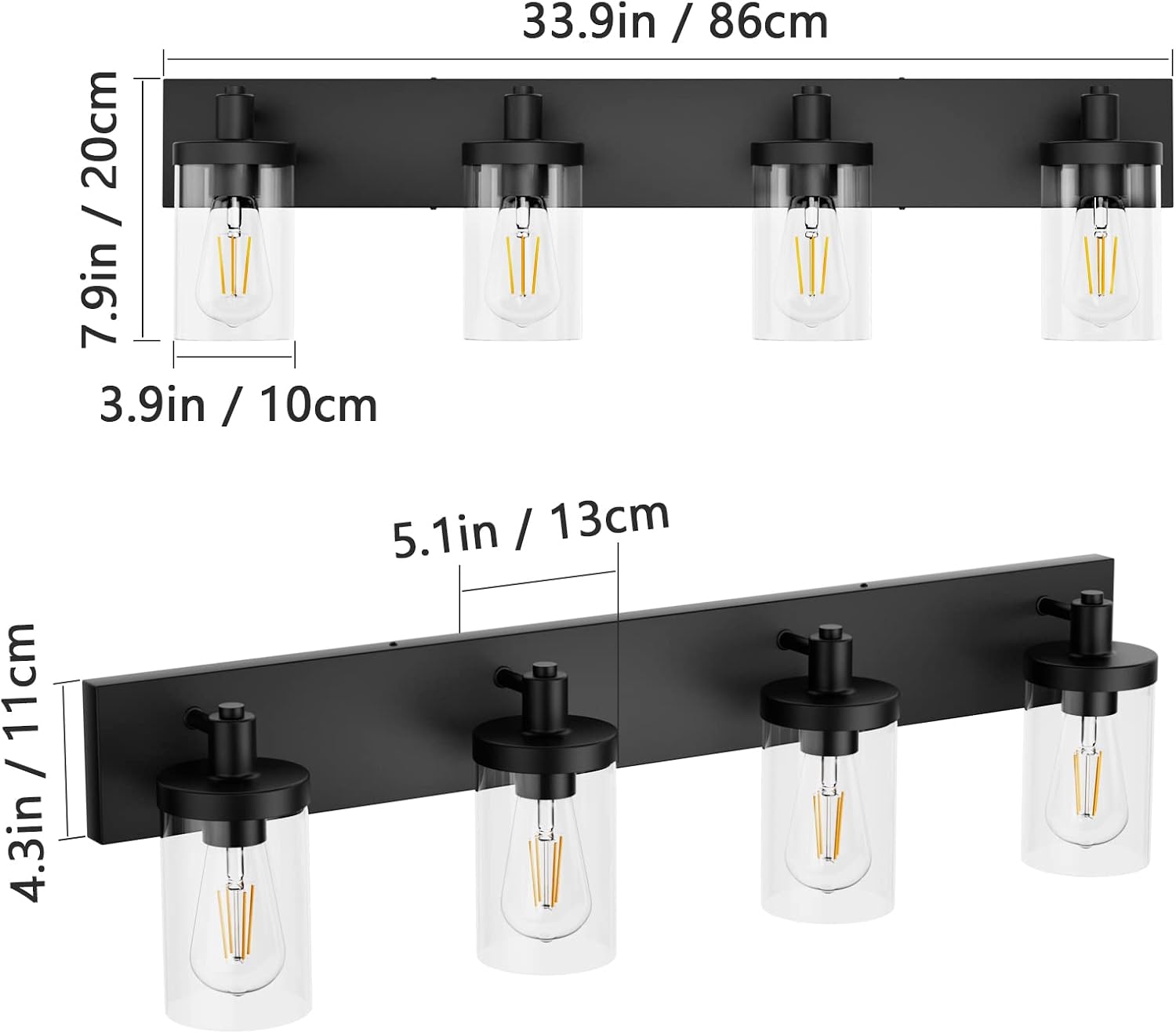 Detalle 2 de Aipsun 1136 4-Light Bathroom Vanity Light, Matte Black with Clear Glass