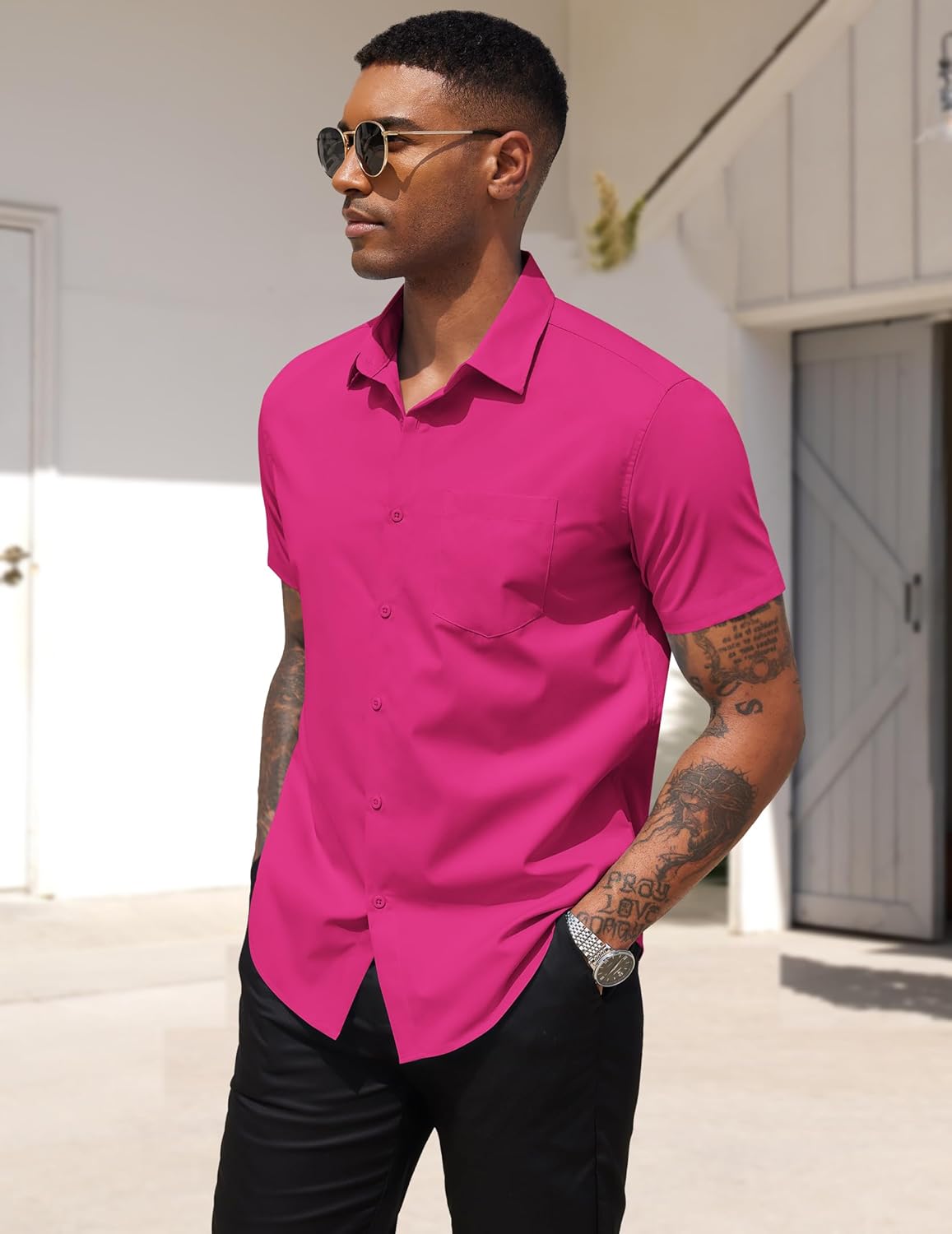Detalle de COOFANDY Men’s Short Sleeve Casual Button-Down Shirt with Pocket (Business & Untucked Wear)