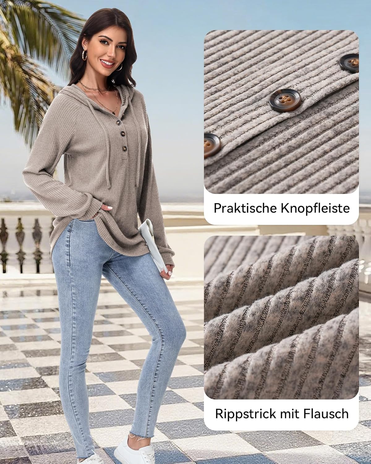 Thumbnail 2 de Tanmolo Pullover Damen Hoodie V‑Ausschnitt Knopfleiste