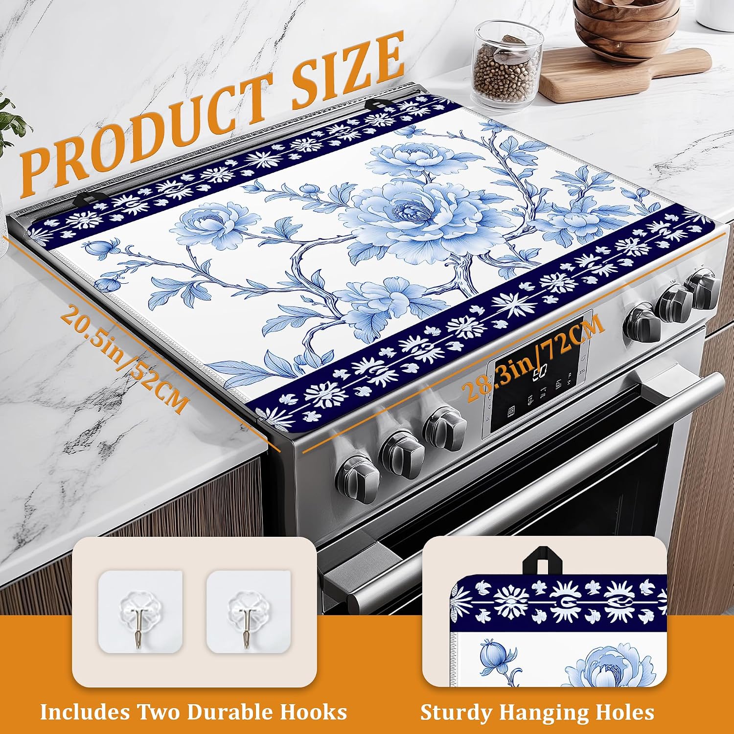 Detalle 2 de YIKTI Blue Floral Stove Top Cover, 28 x 20 Inch Heat-Resistant Mat