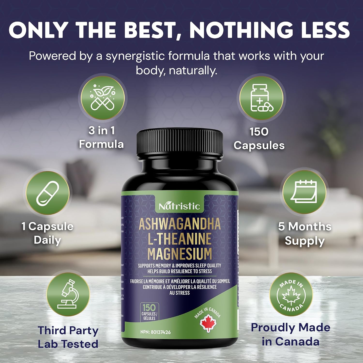 Detalle de Nutristic 3-in-1 Ashwagandha Capsules with L-Theanine & Magnesium, 150 Count