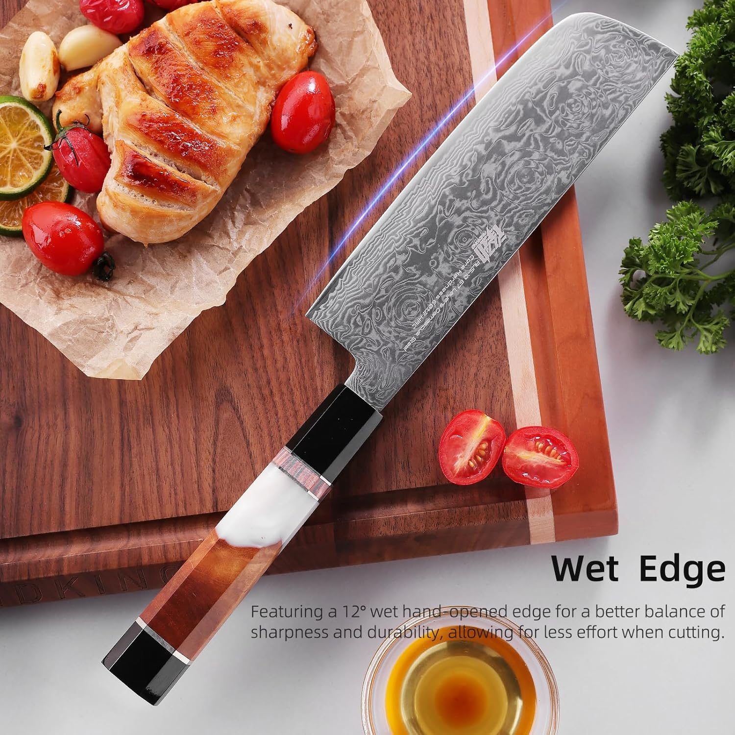 Detalle de FINDKING Couteau Nakiri Japonais – Lame Damascus AUS-10 16,3 cm – Série BLACK-ROSE