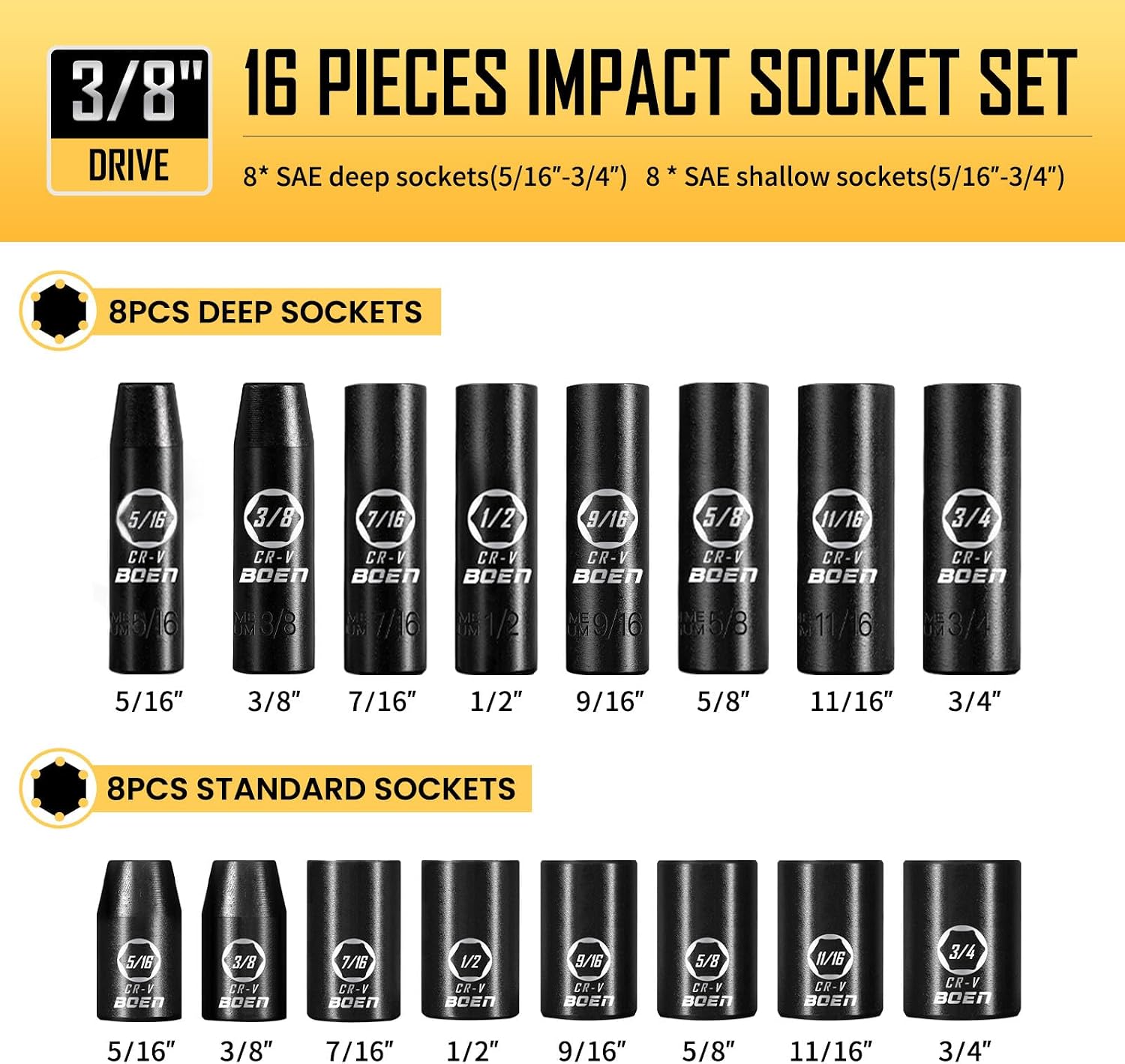 Detalle de boen BN33257X 3/8-Inch Drive Impact Socket Set, 57-Piece SAE and Metric