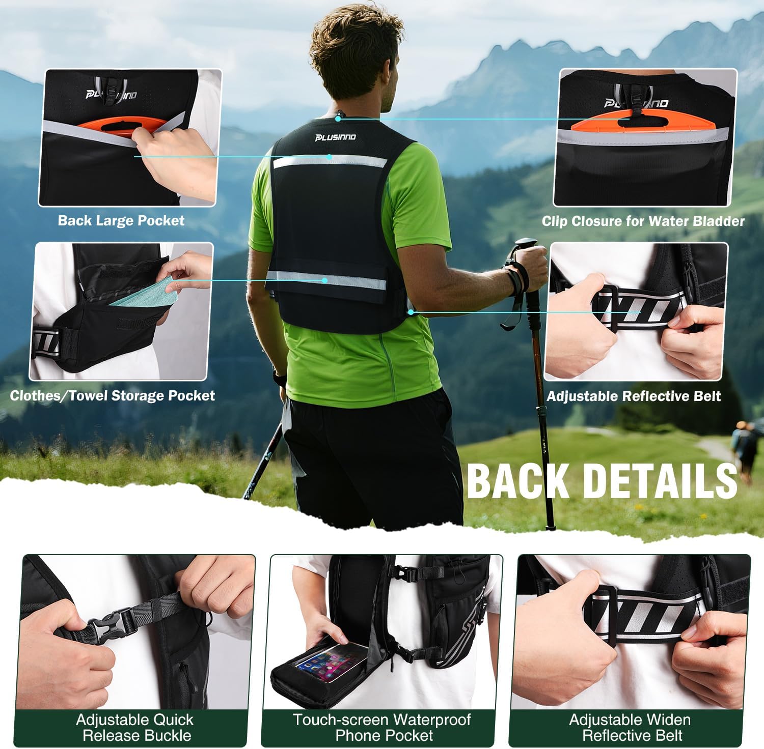 Thumbnail 3 de PLUSINNO Running Hydration Vest for Women and Men with 500ml Soft Flask