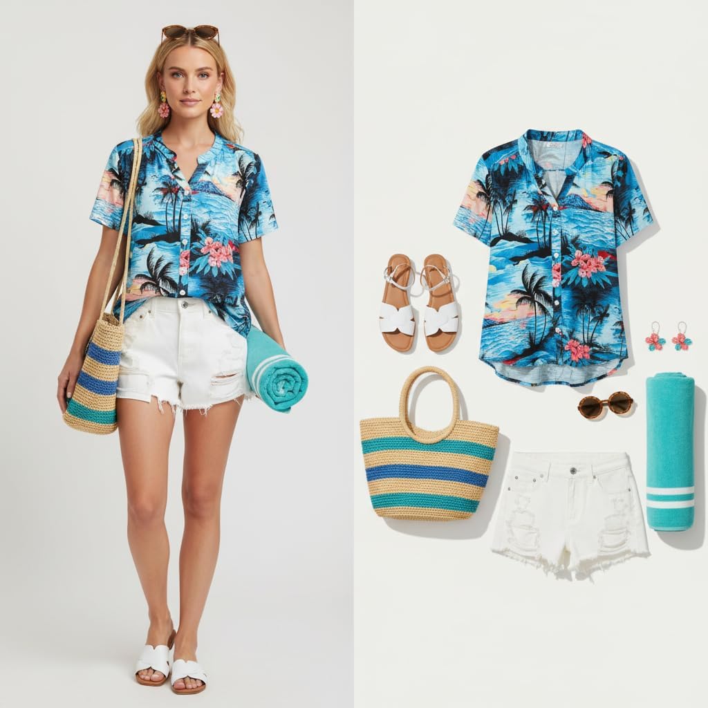 Detalle 2 de WIEIYM Womens Hawaiian Floral V-Neck Short Sleeve Shirt