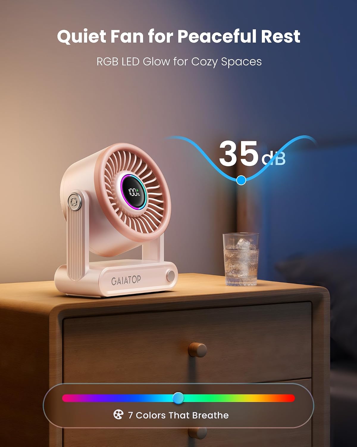 Detalle de Gaiatop Rechargeable Desk Fan with Power Bank and RGB Ring — 6000mAh, Quiet 5-Speed