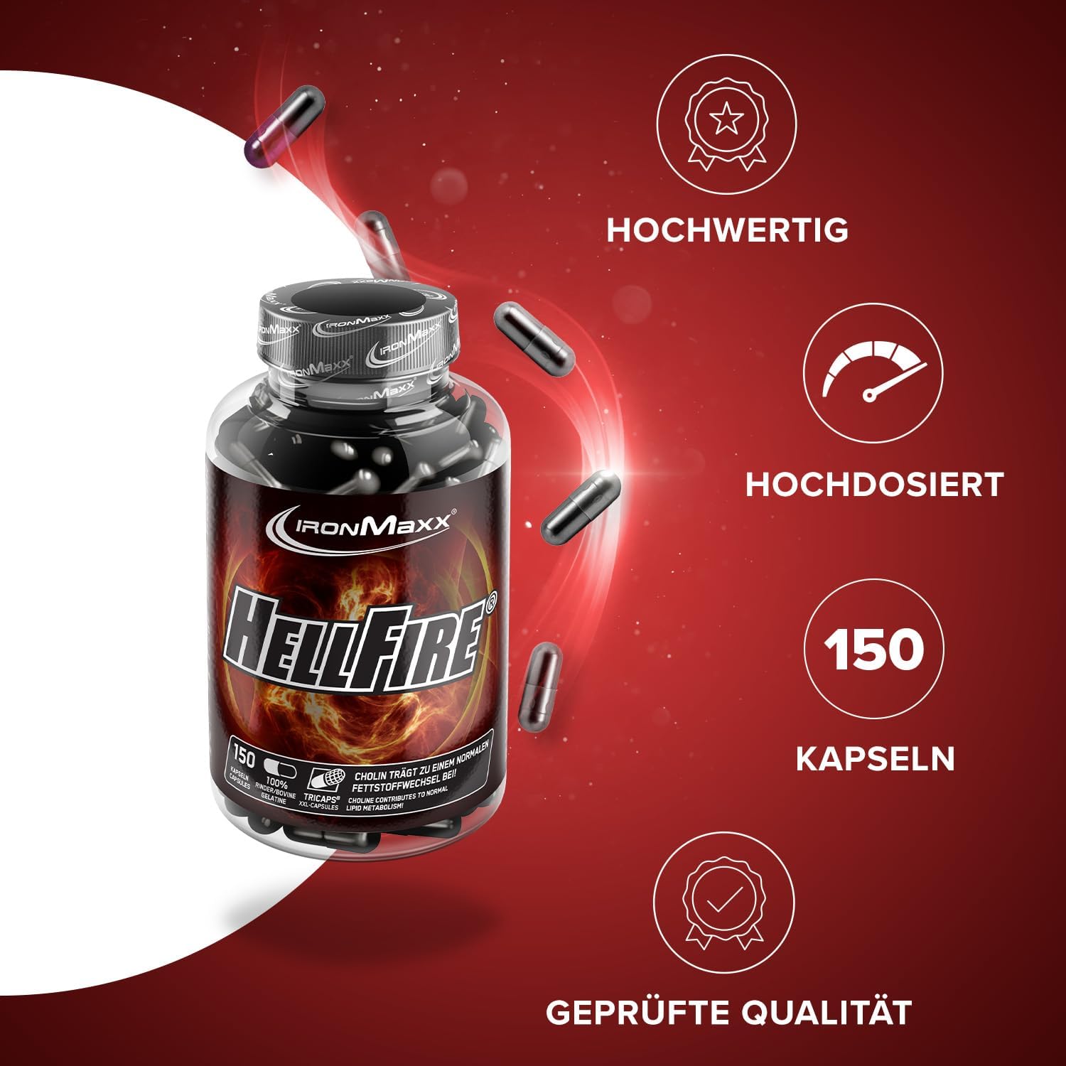 Detalle de IronMaxx Hellfire – Hochdosiertes Nahrungsergänzungsmittel mit Pflanzenextrakten, Koffein, Niacin und Cholin – 150 Kapseln