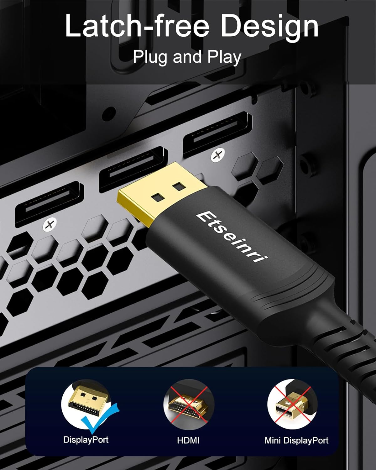 Detalle de Etseinri DisplayPort Cable 240Hz 2M — DP to DP, 8K/4K High-Performance Cable