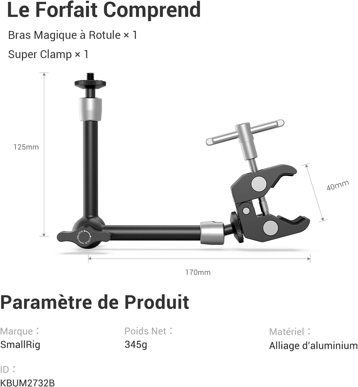 Thumbnail 5 de SMALLRIG Super Clamp + bras magique articulé 10 pouces 2732B (vis 1/4") pour moniteur LCD et éclairages LED
