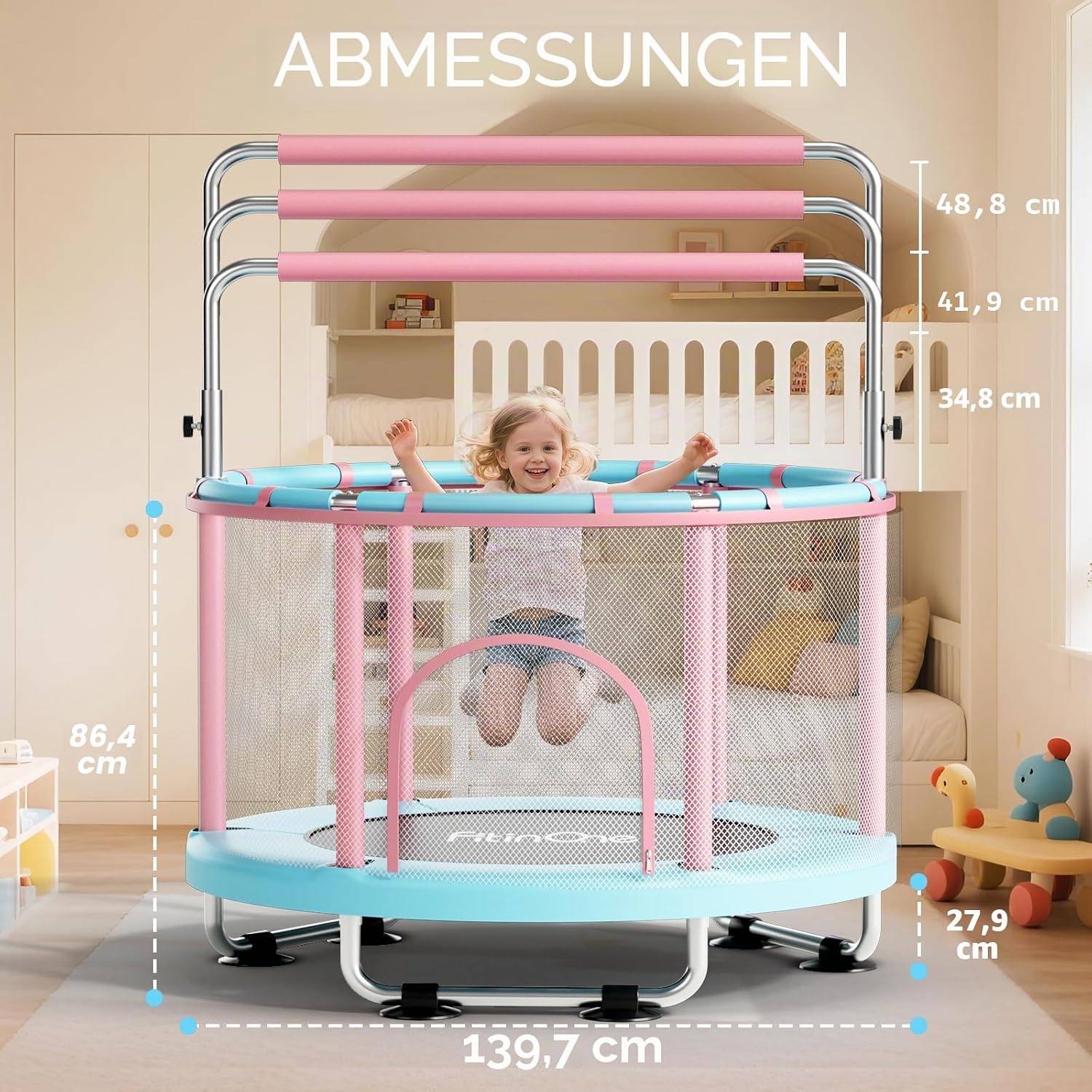 Detalle de FitinOne Kindertrampolin 140 cm mit Schaukel und Turnstange (bis 200 kg) – Indoor & Outdoor Spielspaß