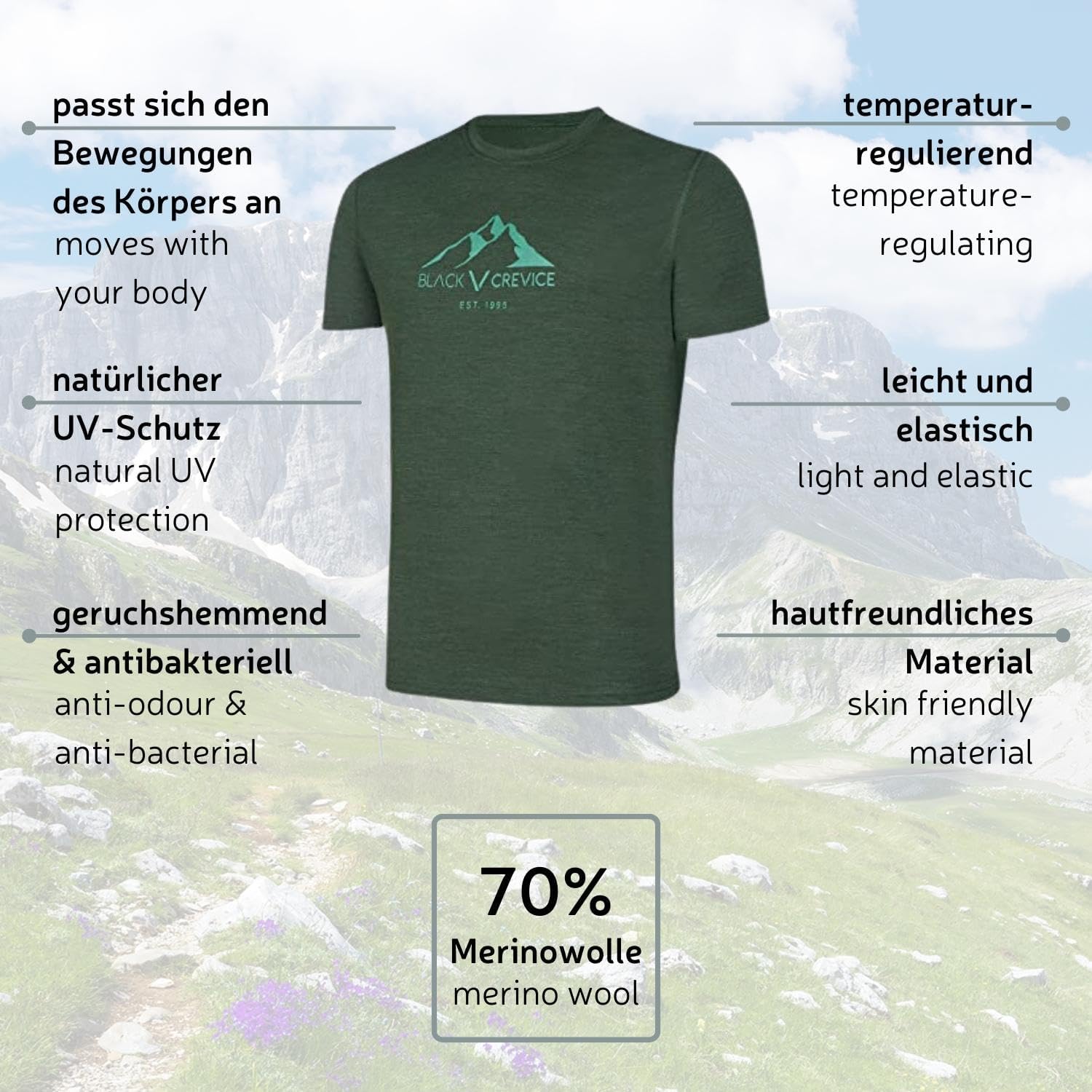 Thumbnail 3 de Black Crevice T-Shirt mérinos Homme – T-shirt mérinos haute qualité 70% laine mérinos / 30% PES