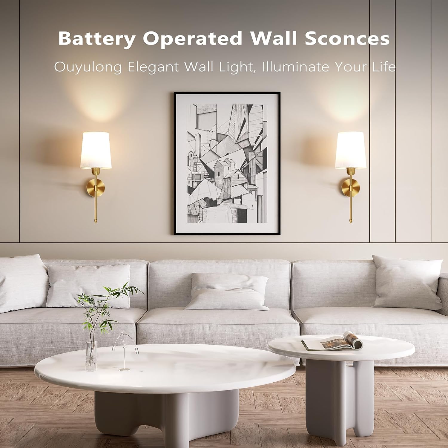 Detalle de Ouyulong WS-01 Battery-Operated Wall Sconces, Set of 2, Gold, RGB and Remote