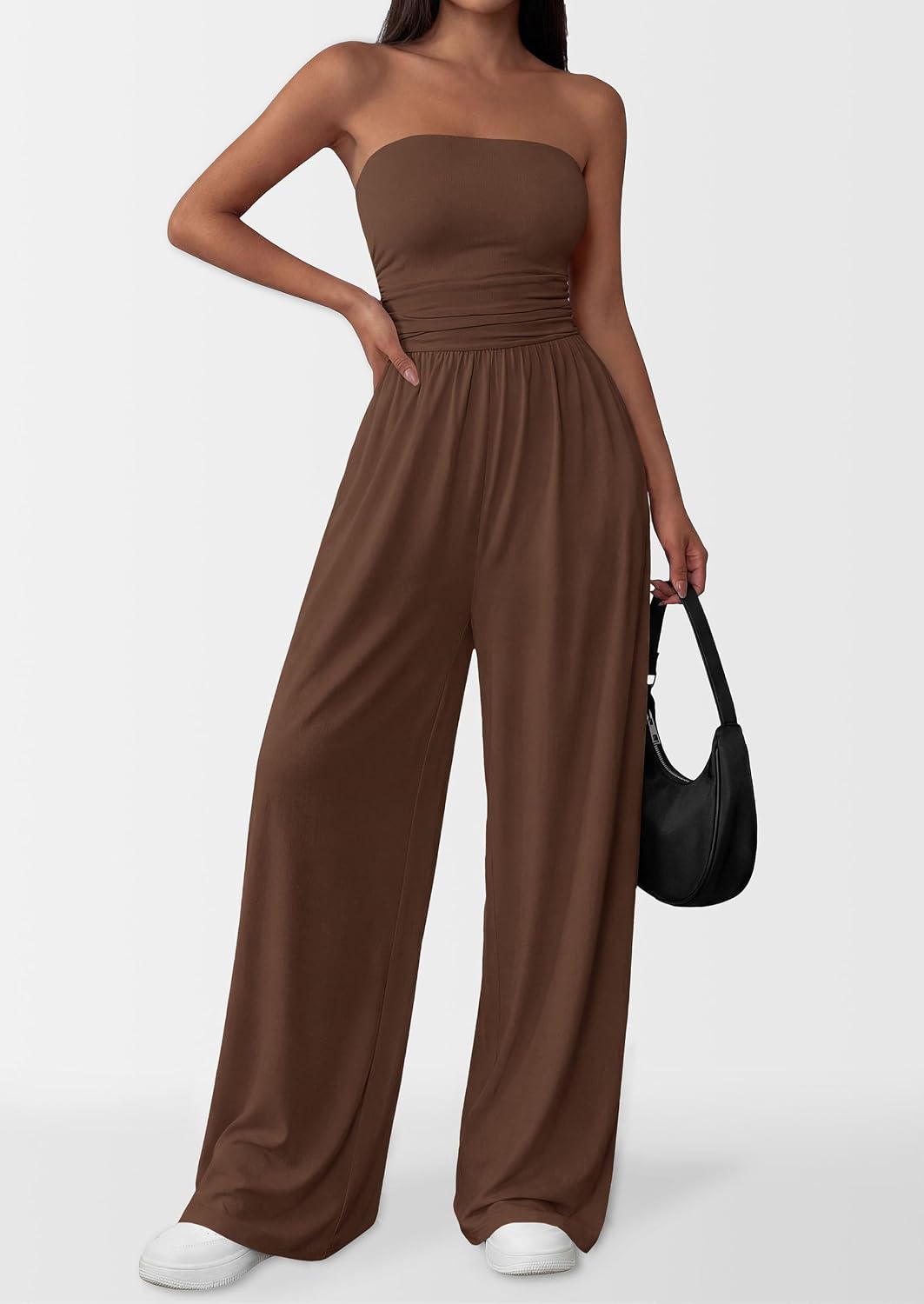 Detalle de PRETTYGARDEN Women's Trendy Strapless Romper (2026) Ruched Tube Top Wide-Leg Jumpsuit