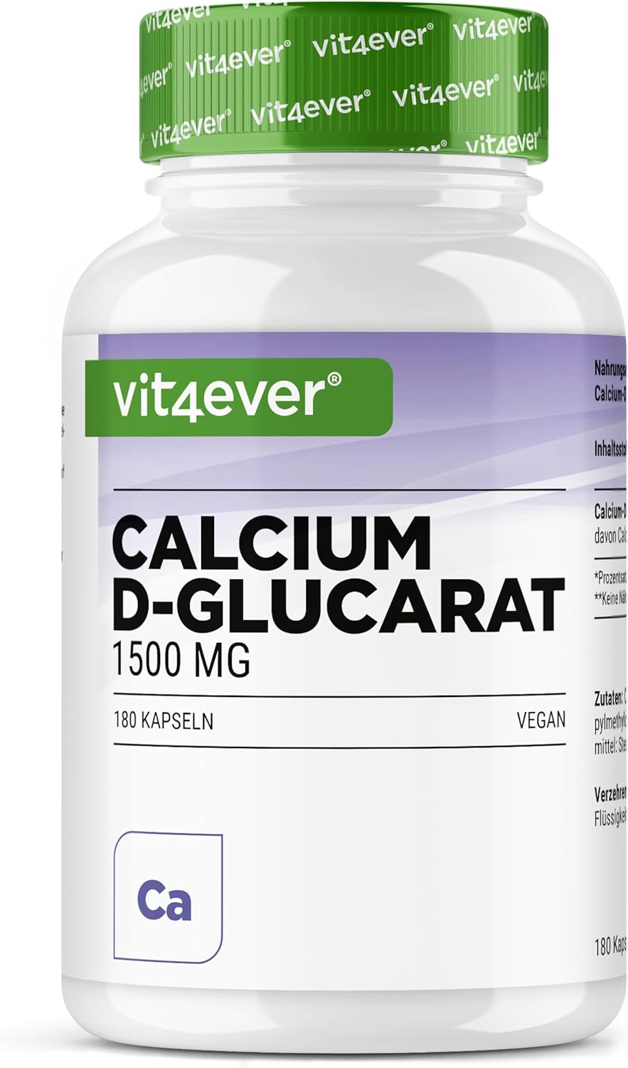 Detalle de Vit4ever Calcium-D-Glucarate 1500 mg — 180 gélules véganes, fort dosage pour une supplémentation quotidienne