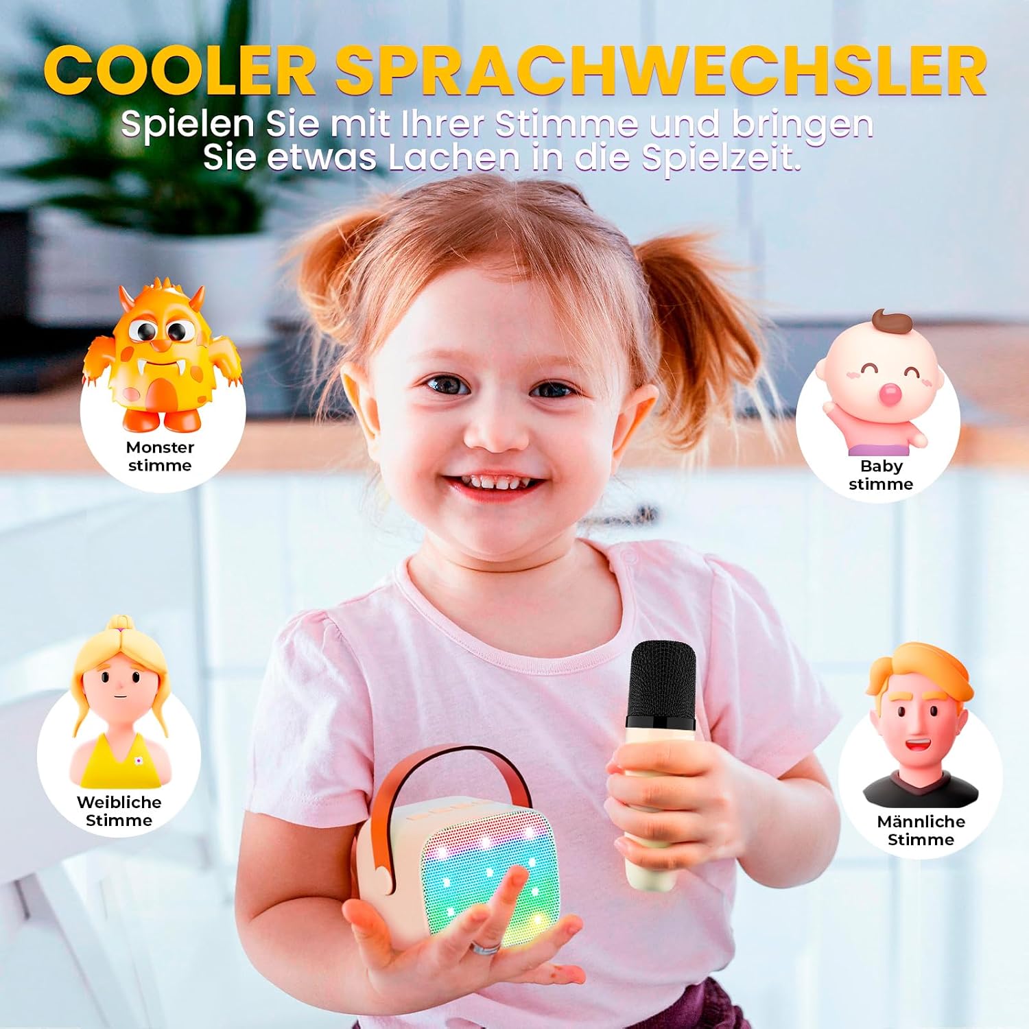 Detalle de Wowstar tragbare Karaoke-Maschine mit 2 kabellosen Mikrofonen (Bluetooth, beige) – für Kinder & Erwachsene