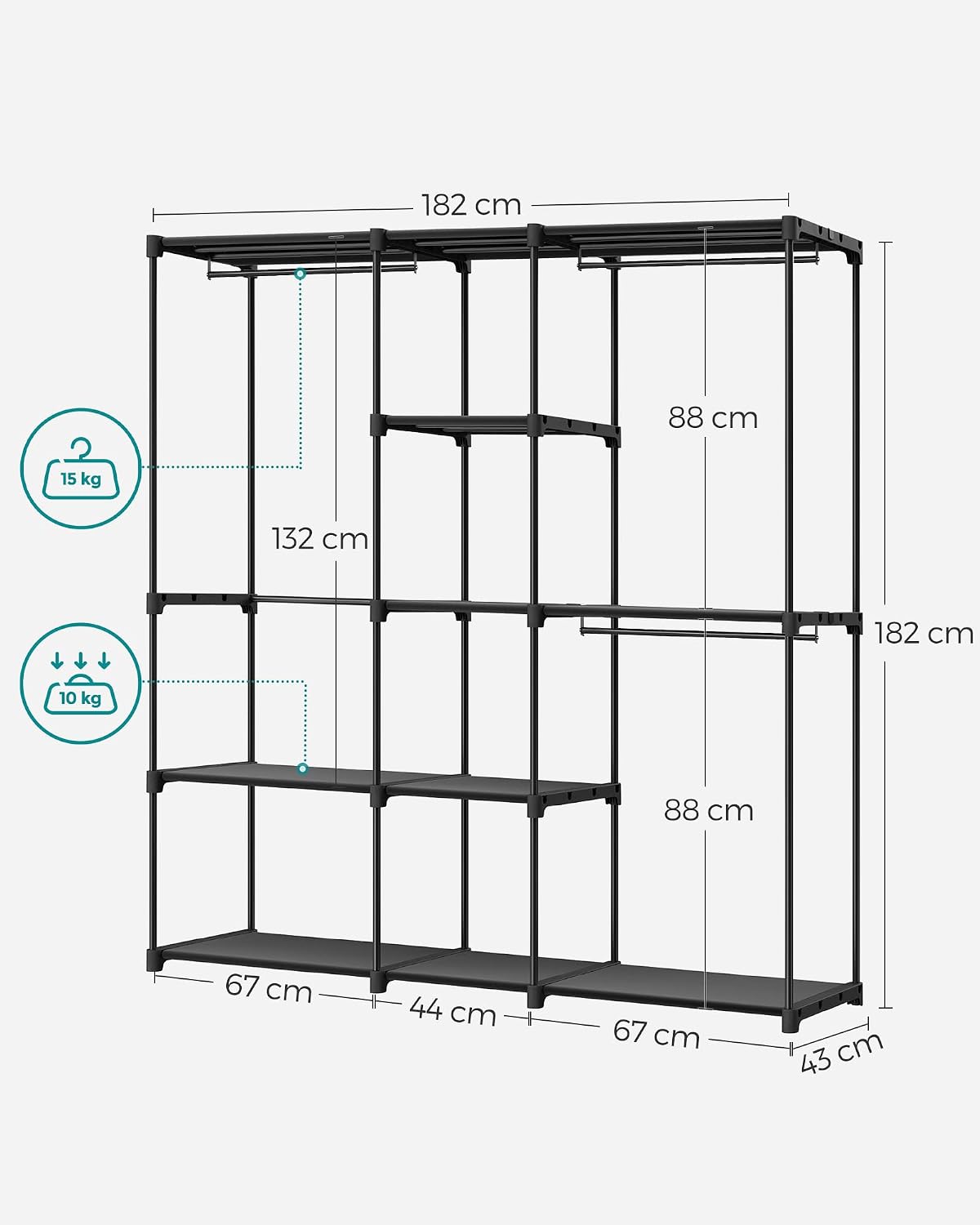 Detalle de SONGMICS Armadio autoportante con barre appendiabiti e ripiani in tessuto, 182 x 43 x 182 cm, Nero Inchiostro (RYG037B02)