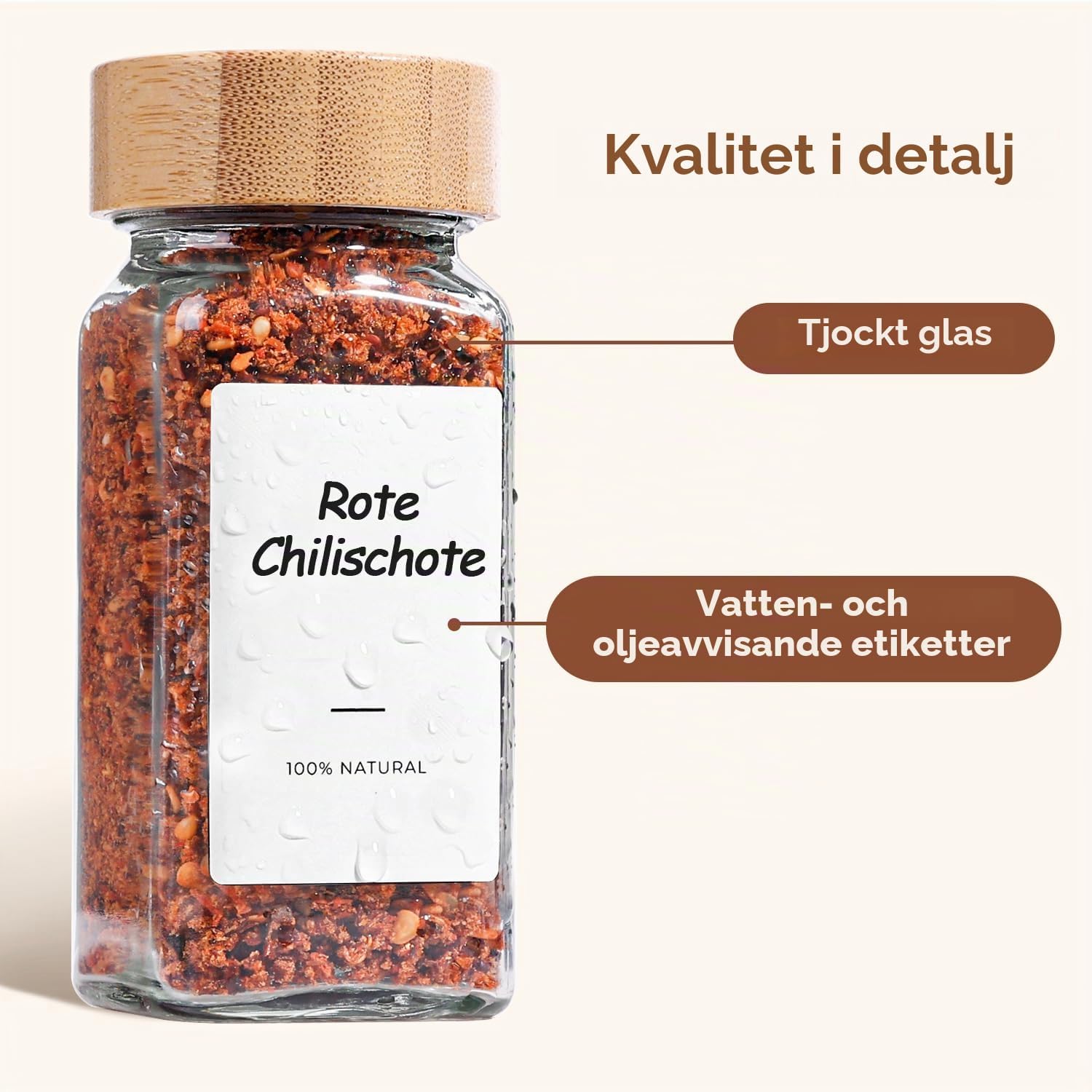 Detalle 1 de ComSaf kryddburkar i glas, 6-pack med bambulock, 120 ml och fyrkantig form